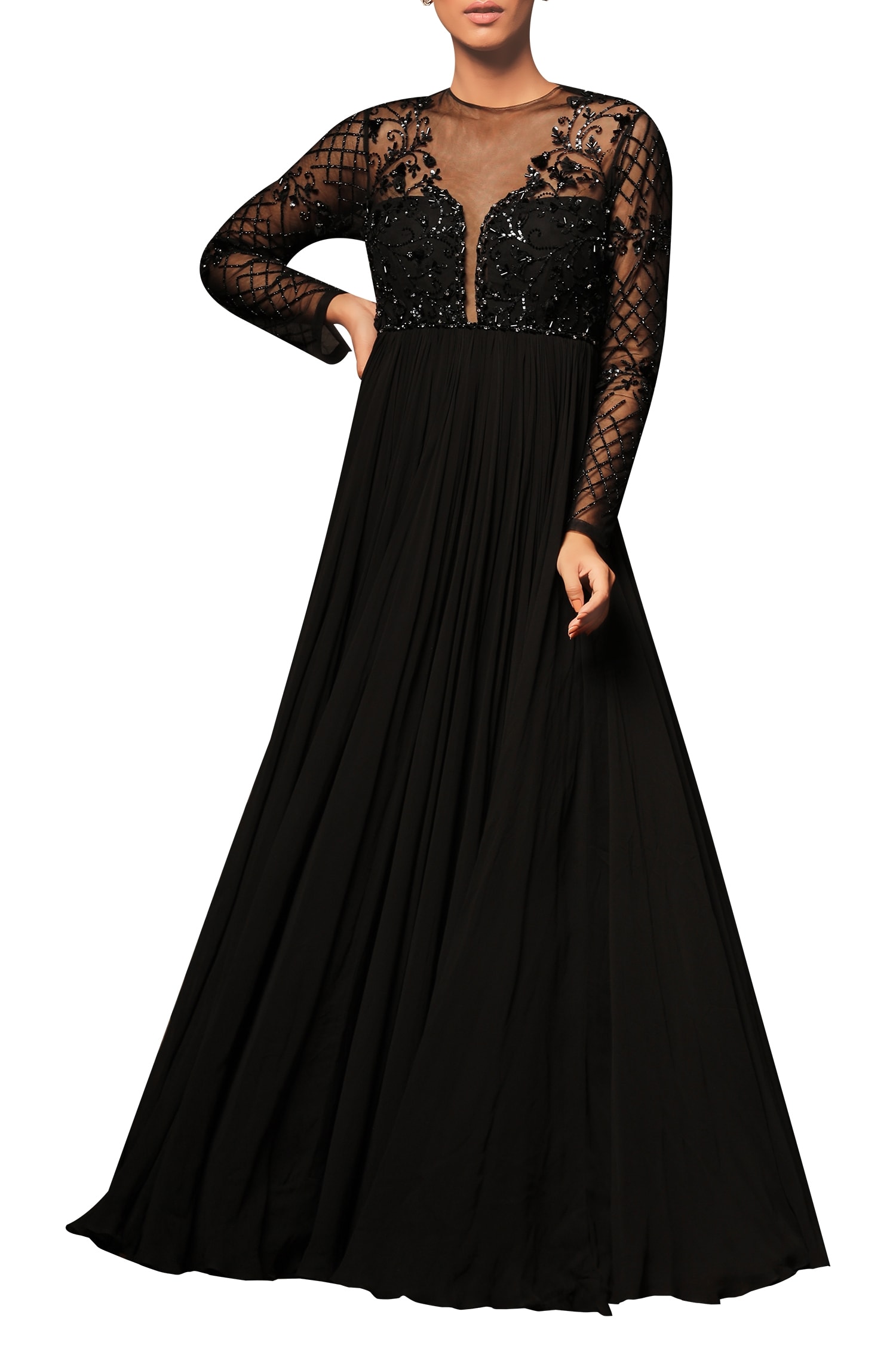 Buy Black Georgette Plunge Embellished Sheer Anarkali Set For Women by ...