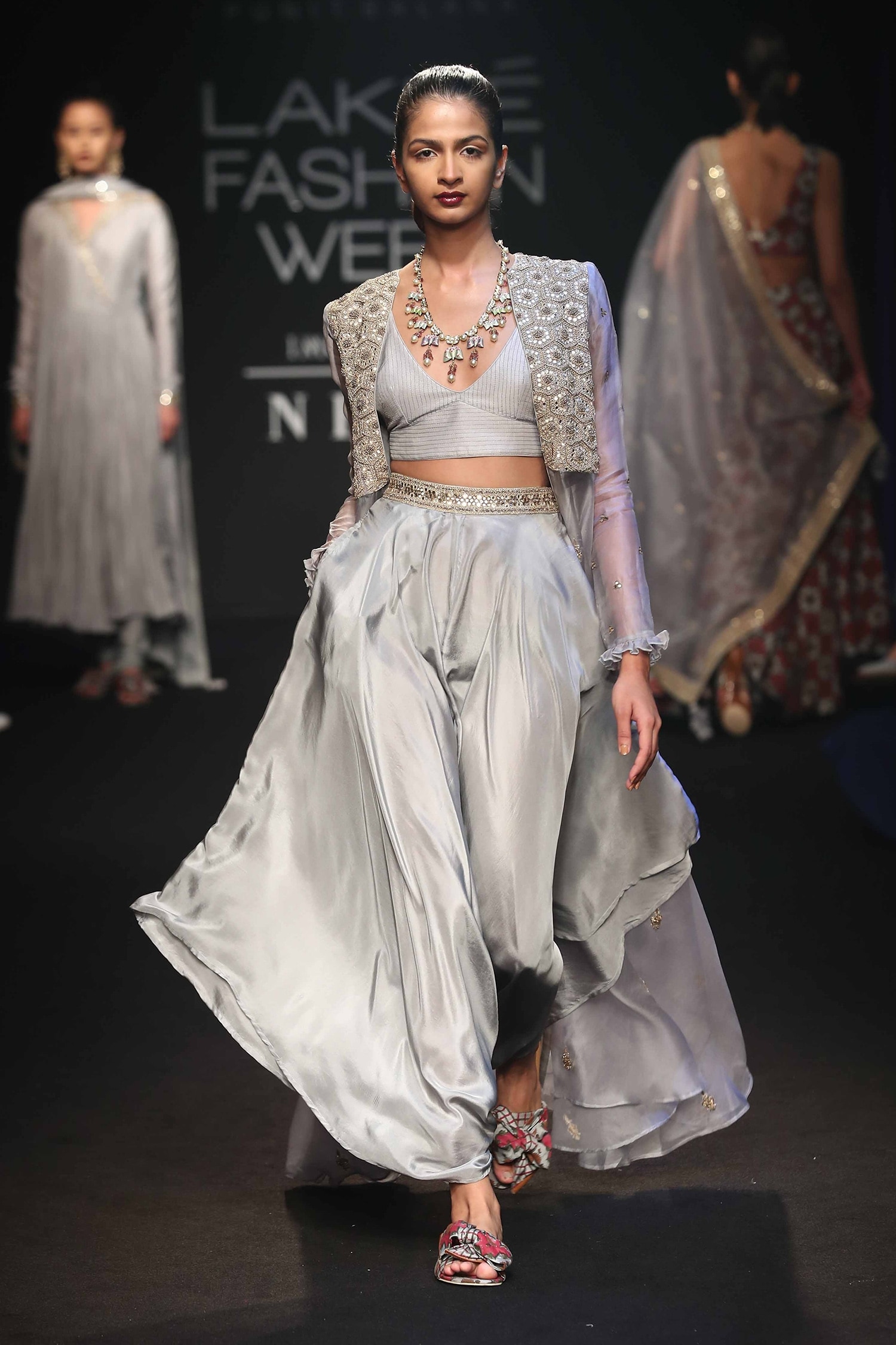 PUNIT BALANA Grey Embroidered Cape With Bralette And Dhoti Pants