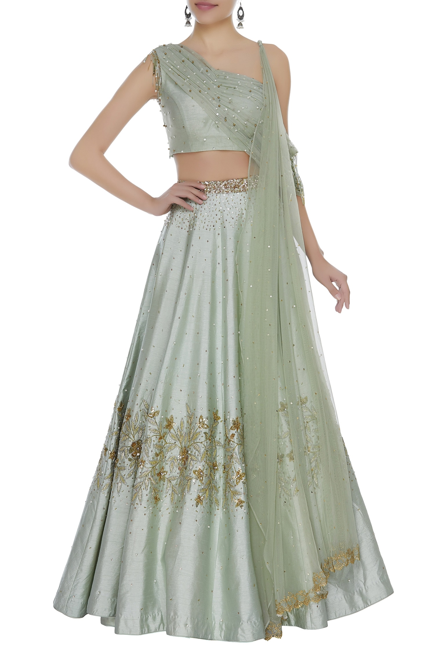 Buy Mani Bhatia Green Sequin Lehenga Set With One Shoulder Blouse And ...