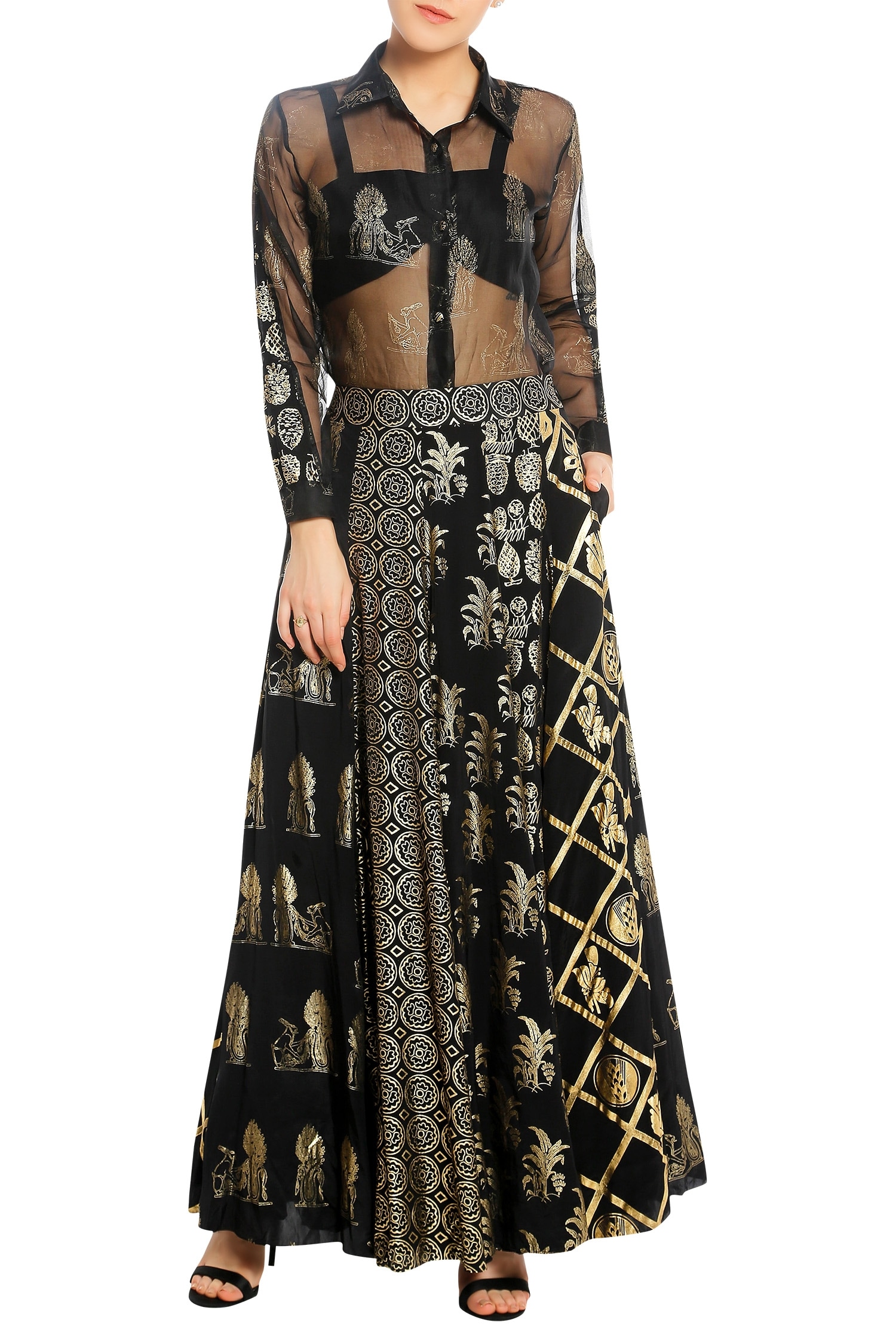 Buy Printed & embroidered lehenga with bustier & shirt by Masaba at Aza ...
