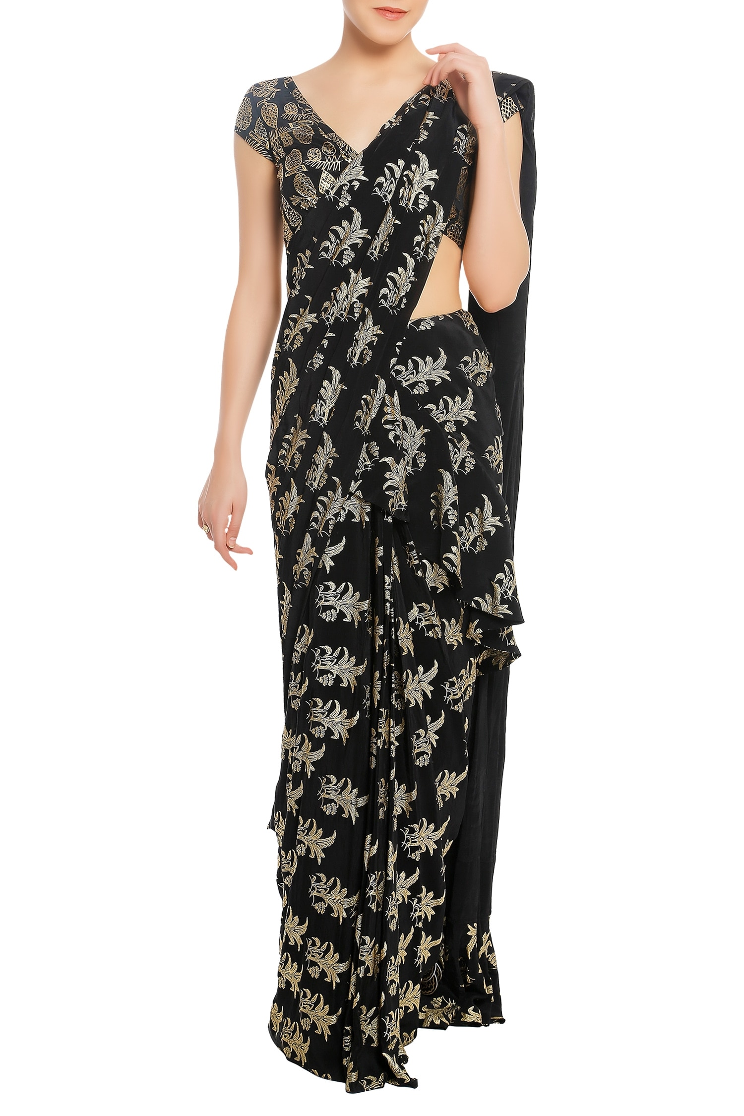 Buy Masaba Black Crepe Printed Saree With Unstitched Blouse Fabric ...