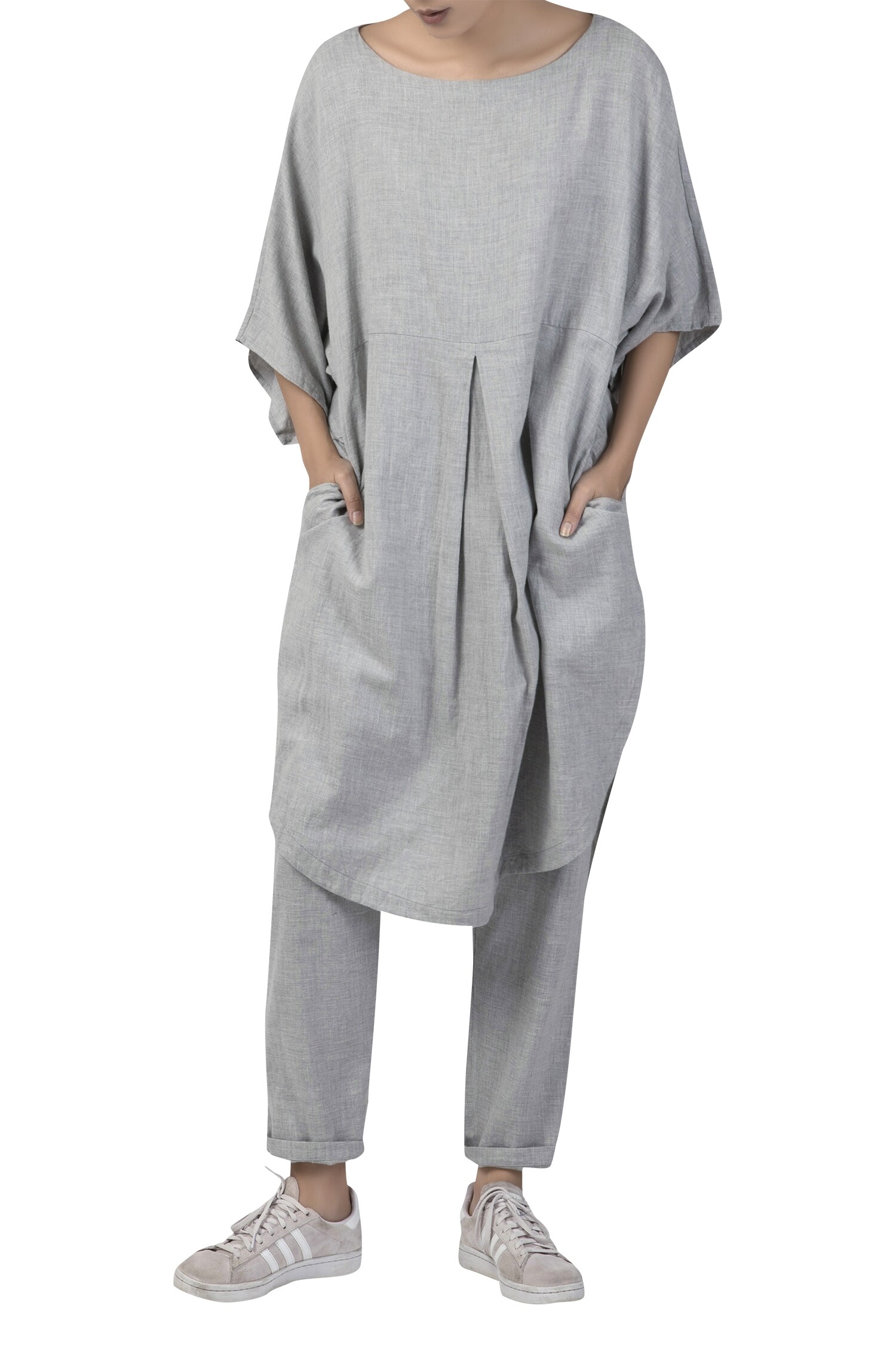 Three Grey Pleated Tunic Dress With Gather Detail