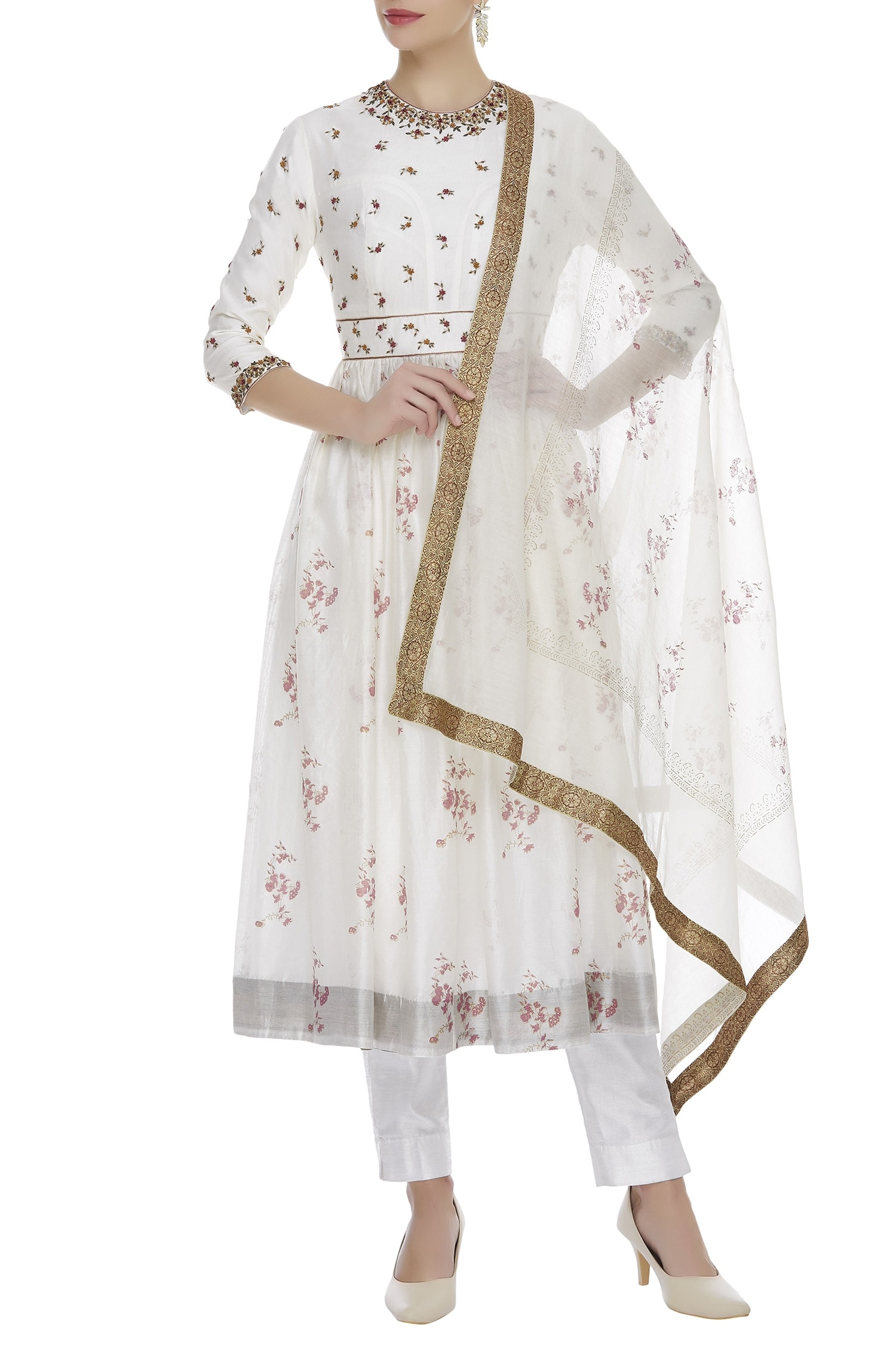 Buy White Cotton Silk Embroidered Flower Motif Anarkali With Dupatta ...