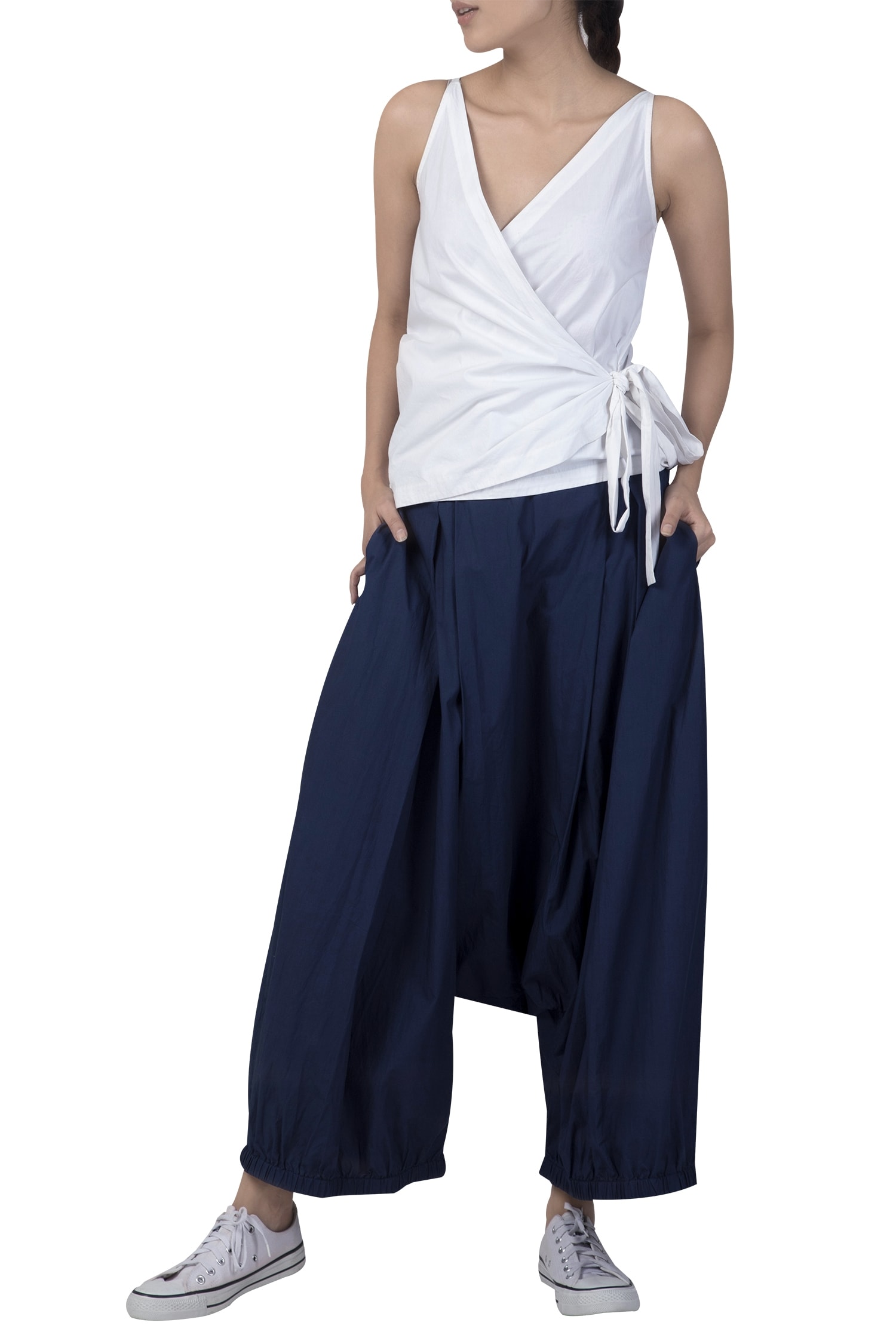 Buy Blue Cotton Draped Loose Pants With Side Pockets For Women by Three ...