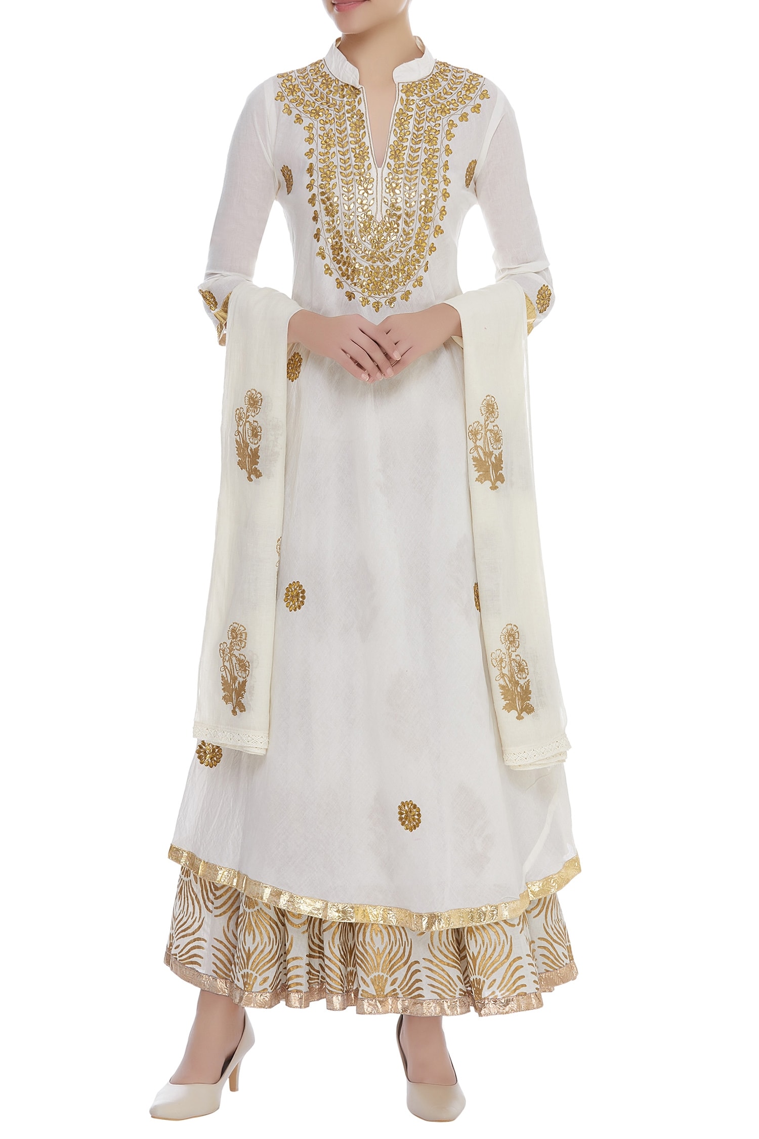 Buy Nazar by Indu White Khari Printed Kurta Lehenga Set Online | Aza ...