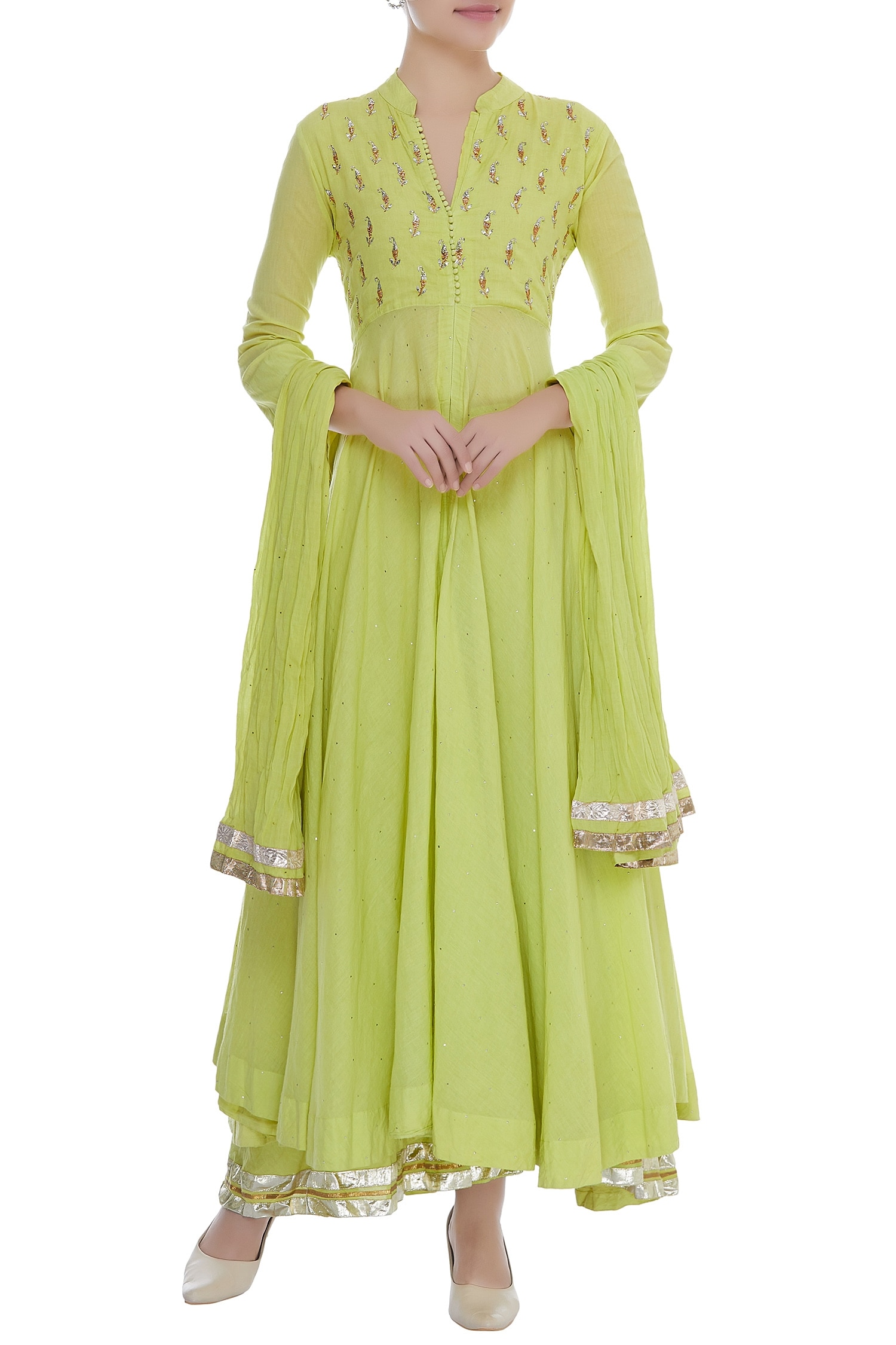 Buy Green Cotton Voil Embroidery Gota Mandarin Collar Anarkali Kurta