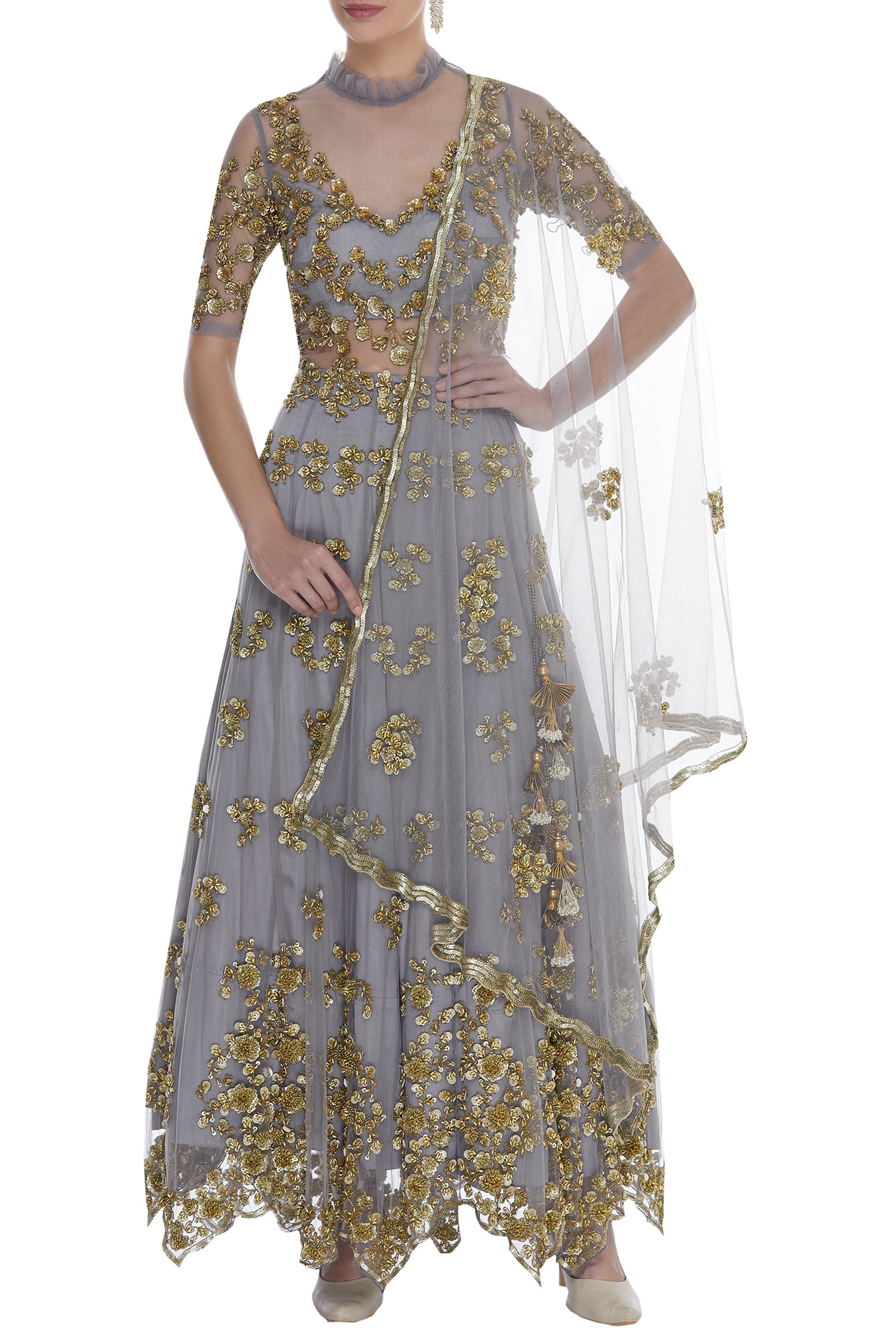 Buy Grey Embroidered Anarkali Gown With Dupatta For Women by Neha Mehta ...