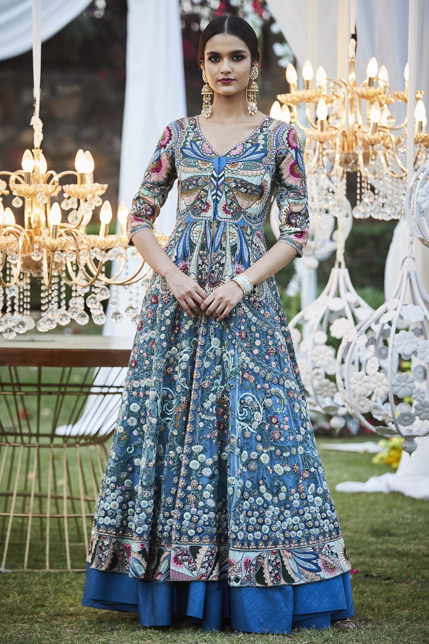 Buy Varun Bahl Blue Chanderi Anarkali Lehenga Set Online | Aza Fashions