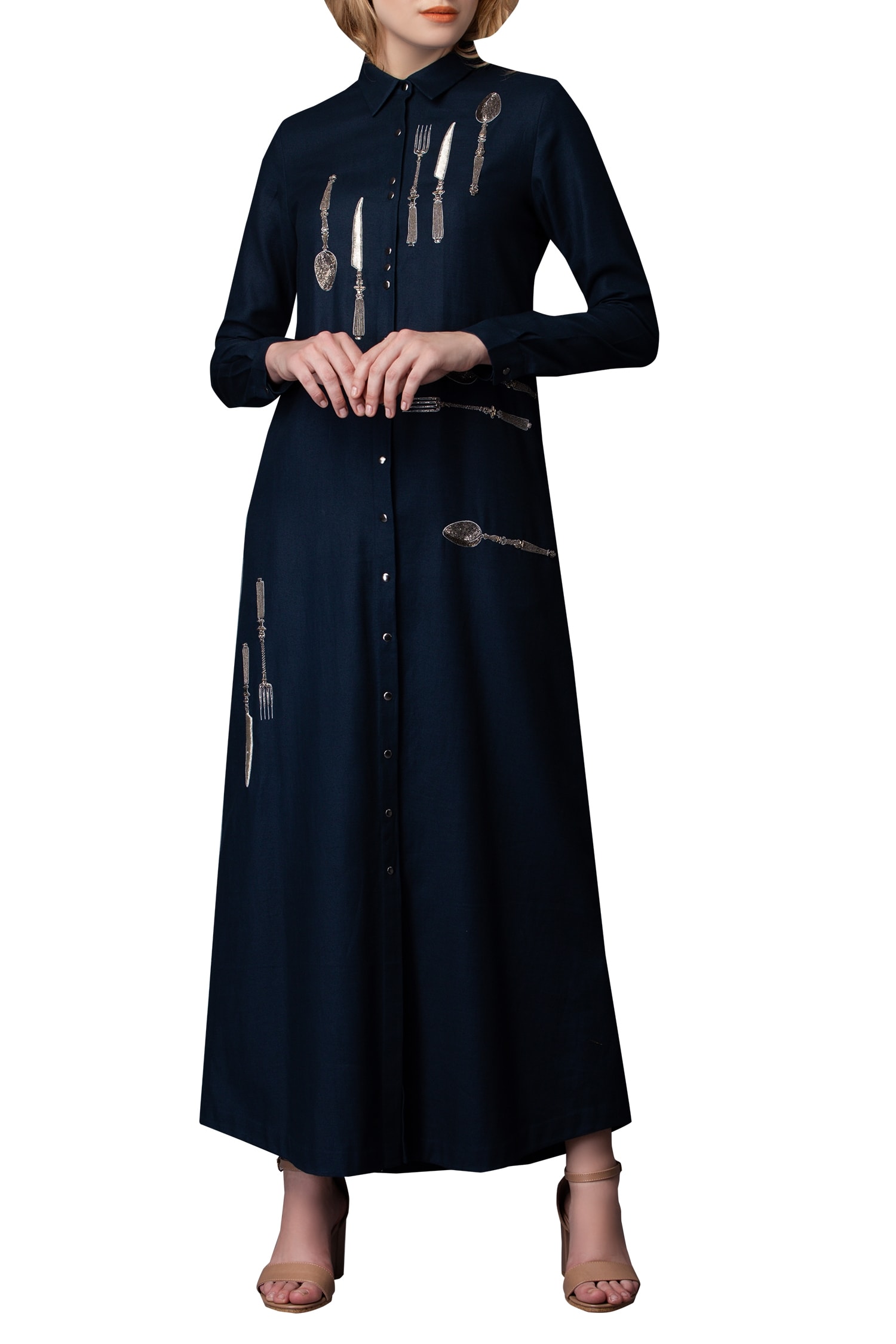 Buy Shahin Mannan Blue Cutlery Embroidery Long Shirt Dress Online | Aza ...