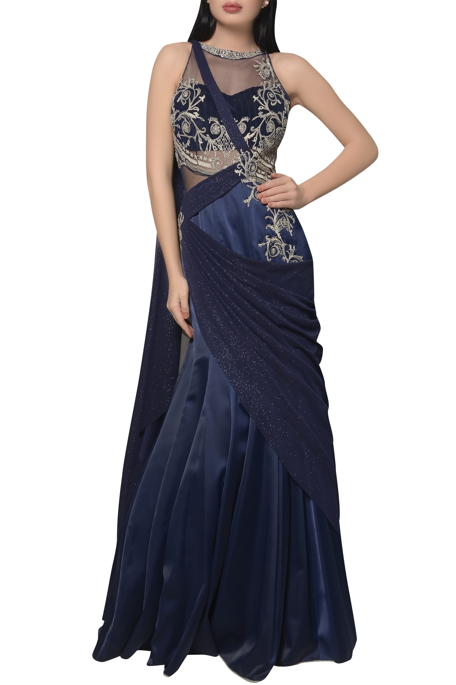 Buy Mandira Wirk Blue Draped Saree Gown Online | Aza Fashions