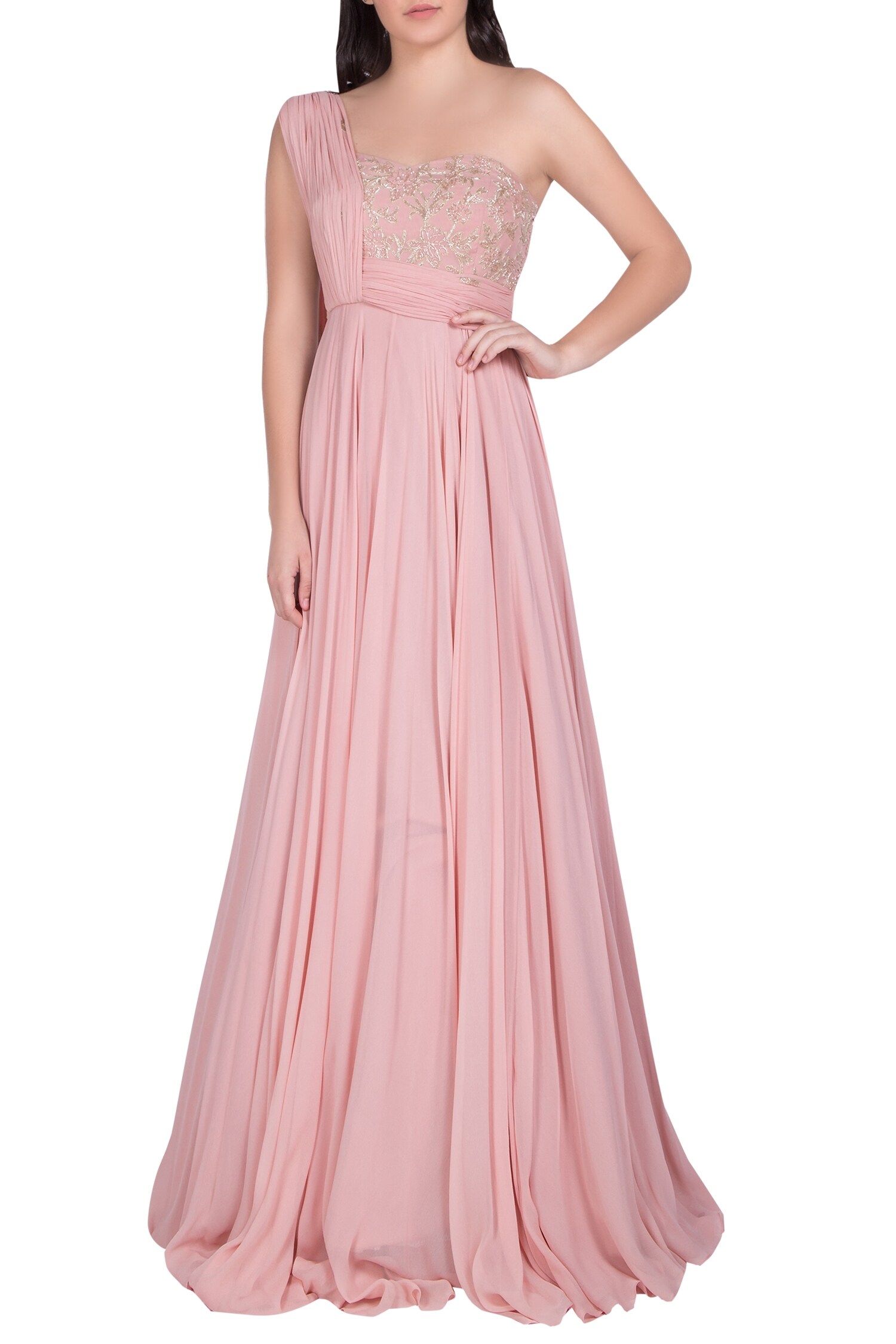 Buy Pink Embroidery One Shoulder Gown With Embellished Drape For Women ...