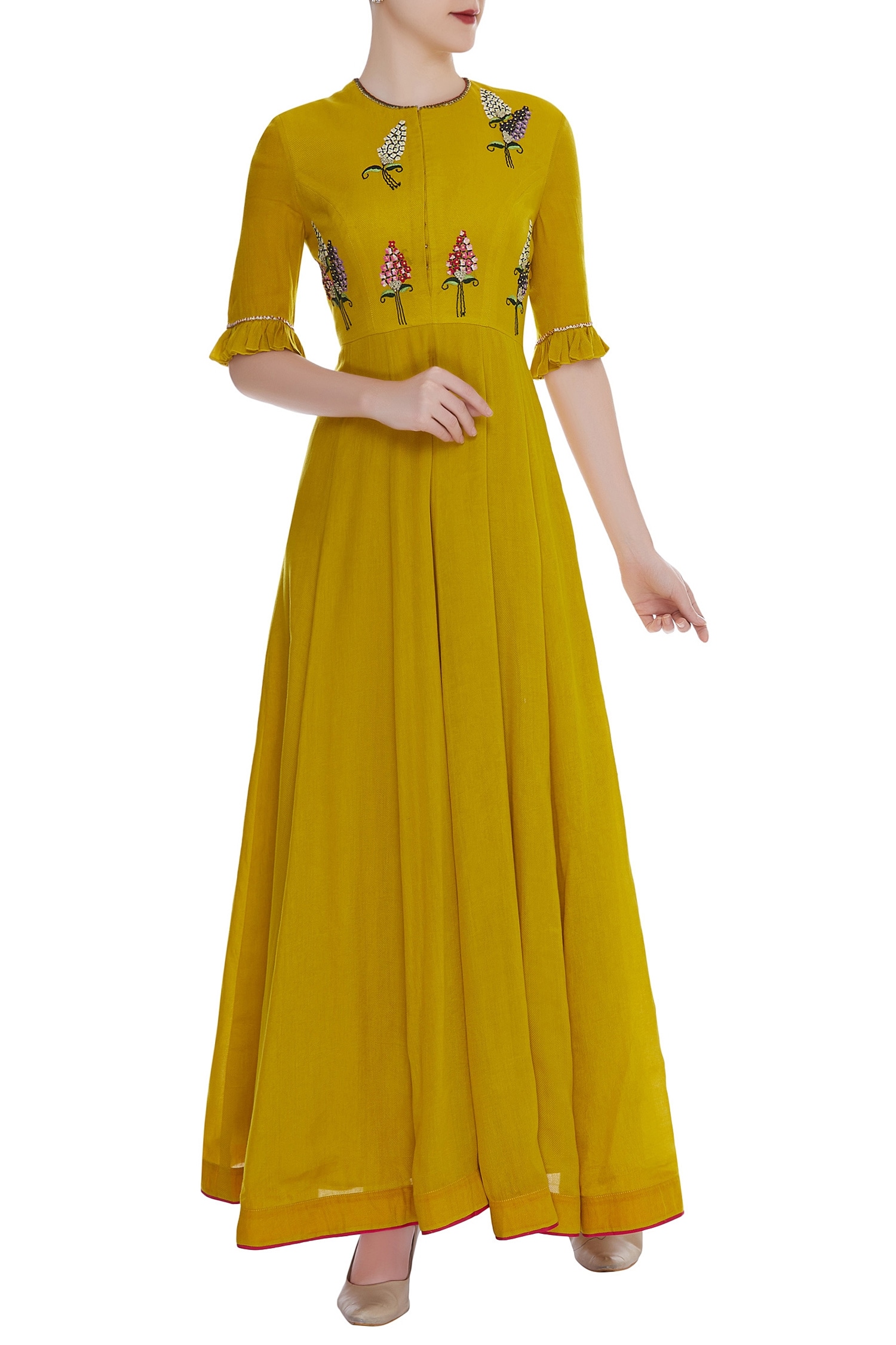Buy Yellow Handloom Linen Embroidered Bead Round Buta Maxi Dress For ...