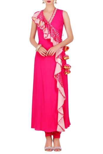Buy Pink Foil Print Jasmine Bud V Neck Frilled Kurta With Churidar For ...
