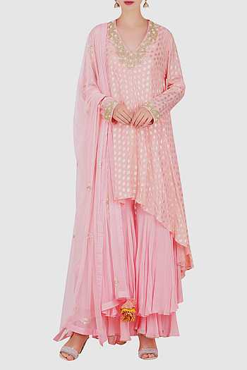 Magenta Pink Foil Printed Kurta Sharara Set With Solid Dupatta