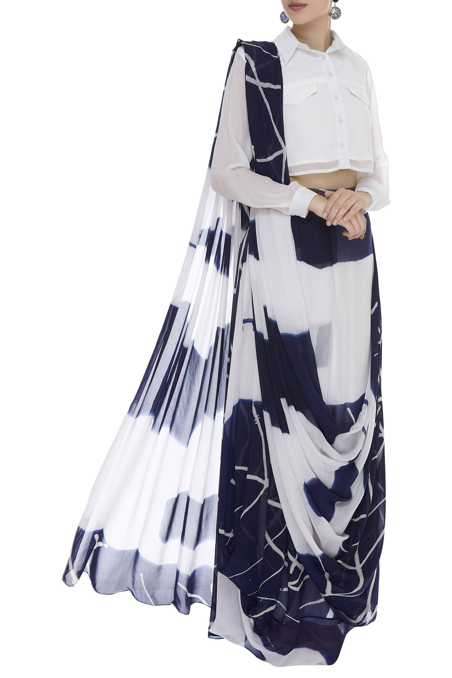 Buy Pre Draped Skirt Saree With Shirt Blouse By Vedika M At Aza