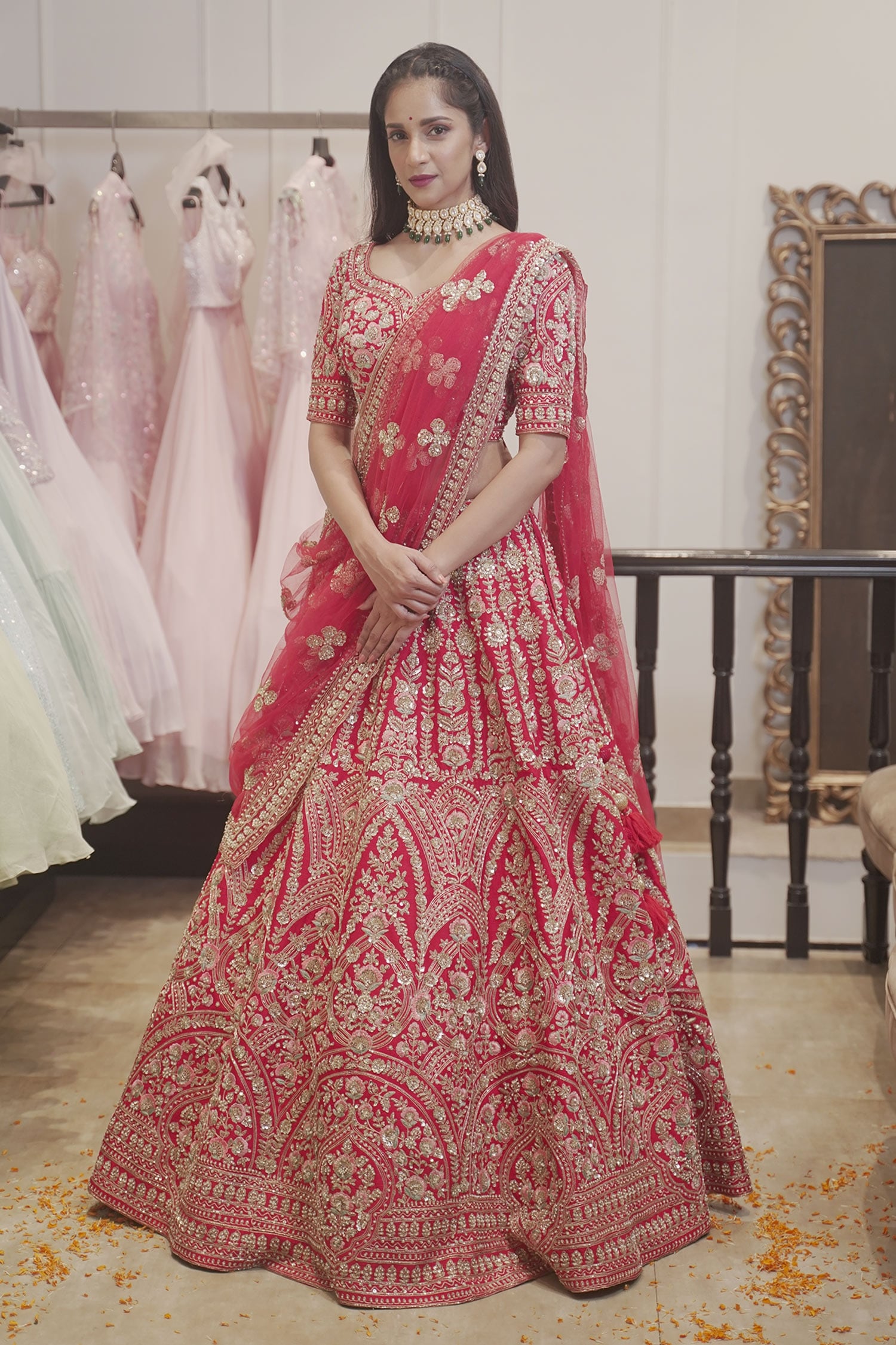 Buy Red Raw Silk Embroidered Floral Sweetheart Zardozi Bridal Lehenga Set For Women By Kalighata 