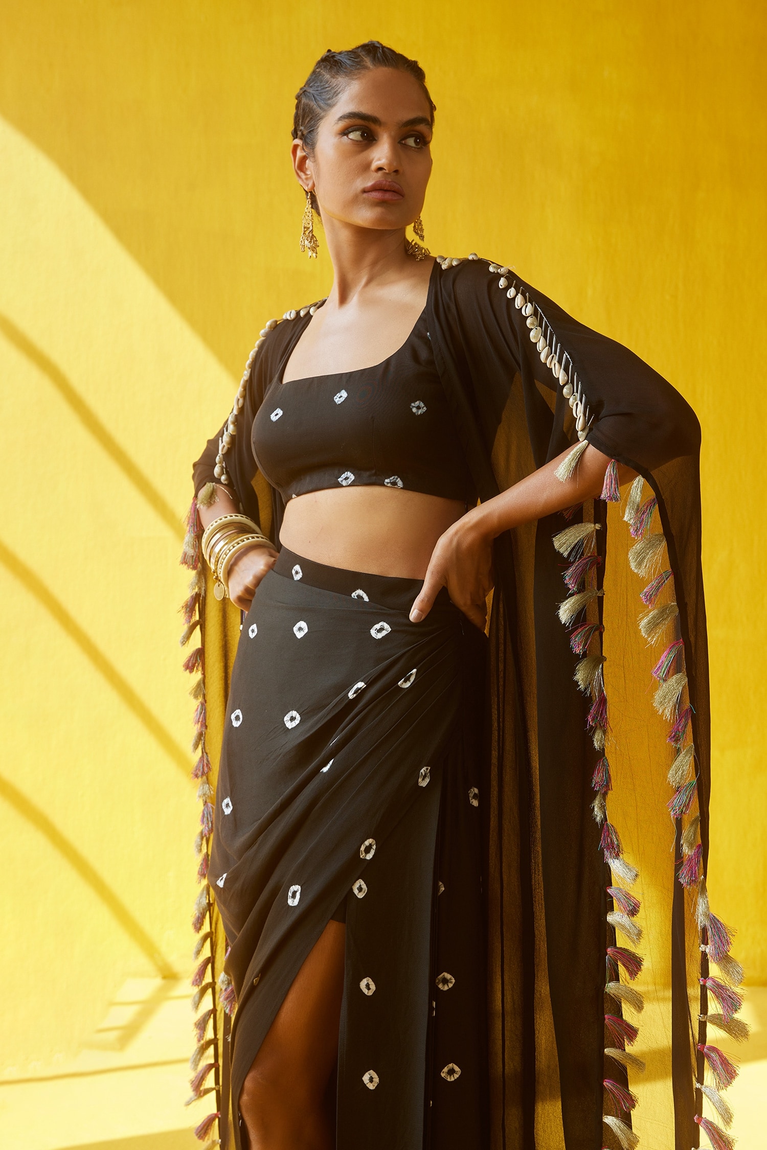 Aapro Black Modal Satin And Georgette Tara Kaftan Cape & Draped Skirt Set For Women