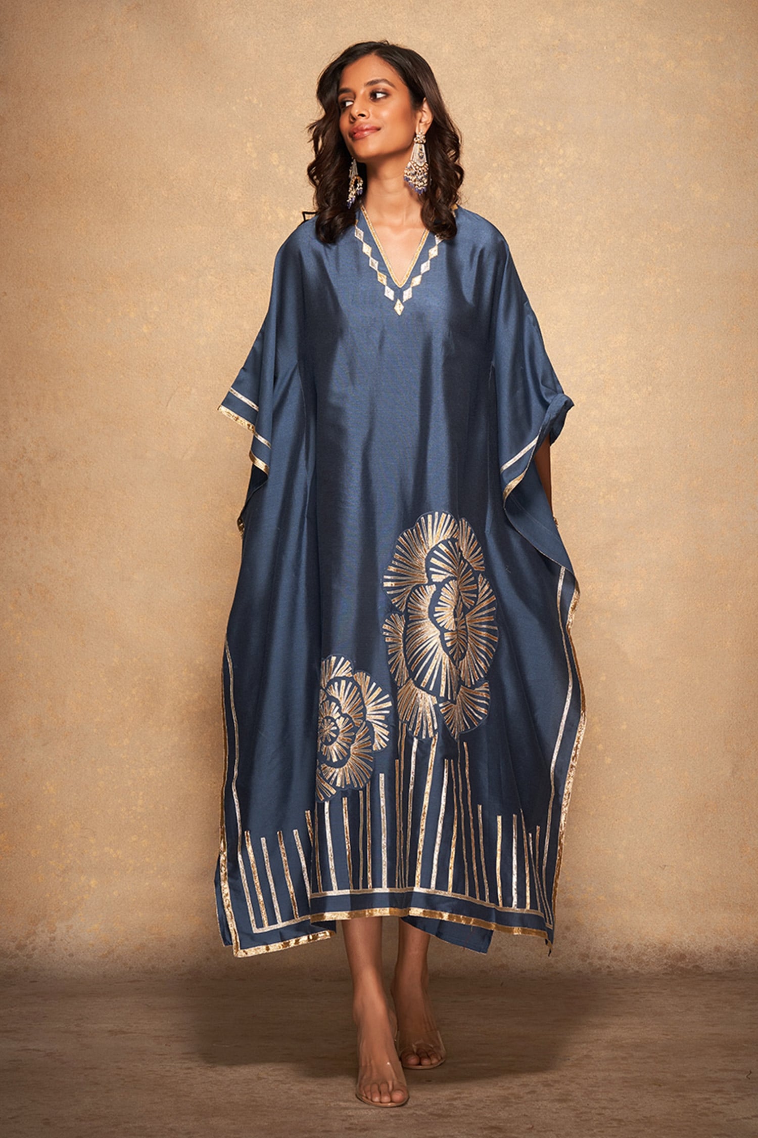 Buy Blue 100% Pure Chanderi Silk Embellished Placement Rose Pattern Kaftan  For Women by Gulabo by Abu Sandeep Online at Aza Fashions.