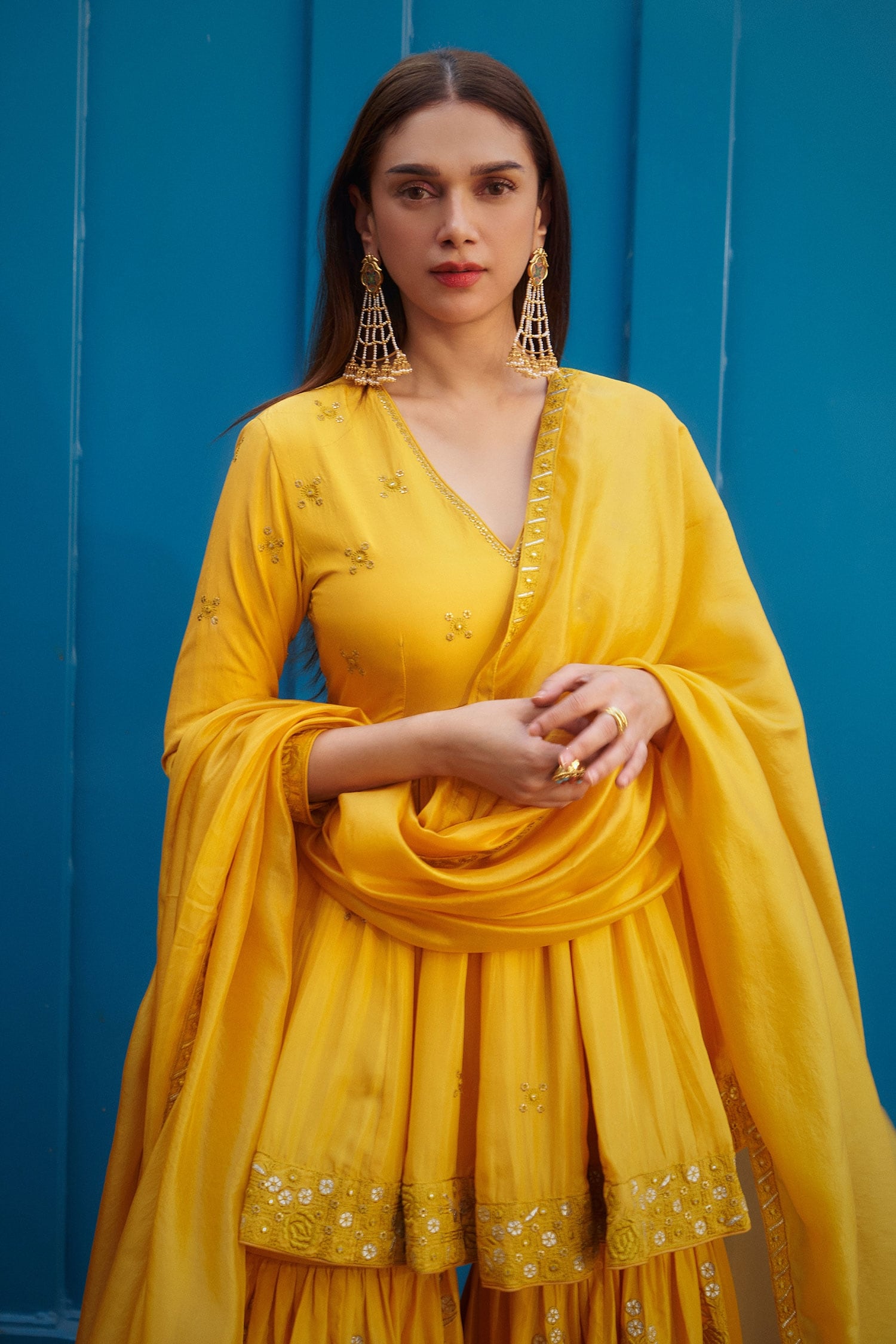 PUNIT BALANA Yellow Silk Embroidered Resham And Leather V Neck Kedia Top Gharara Set For Women