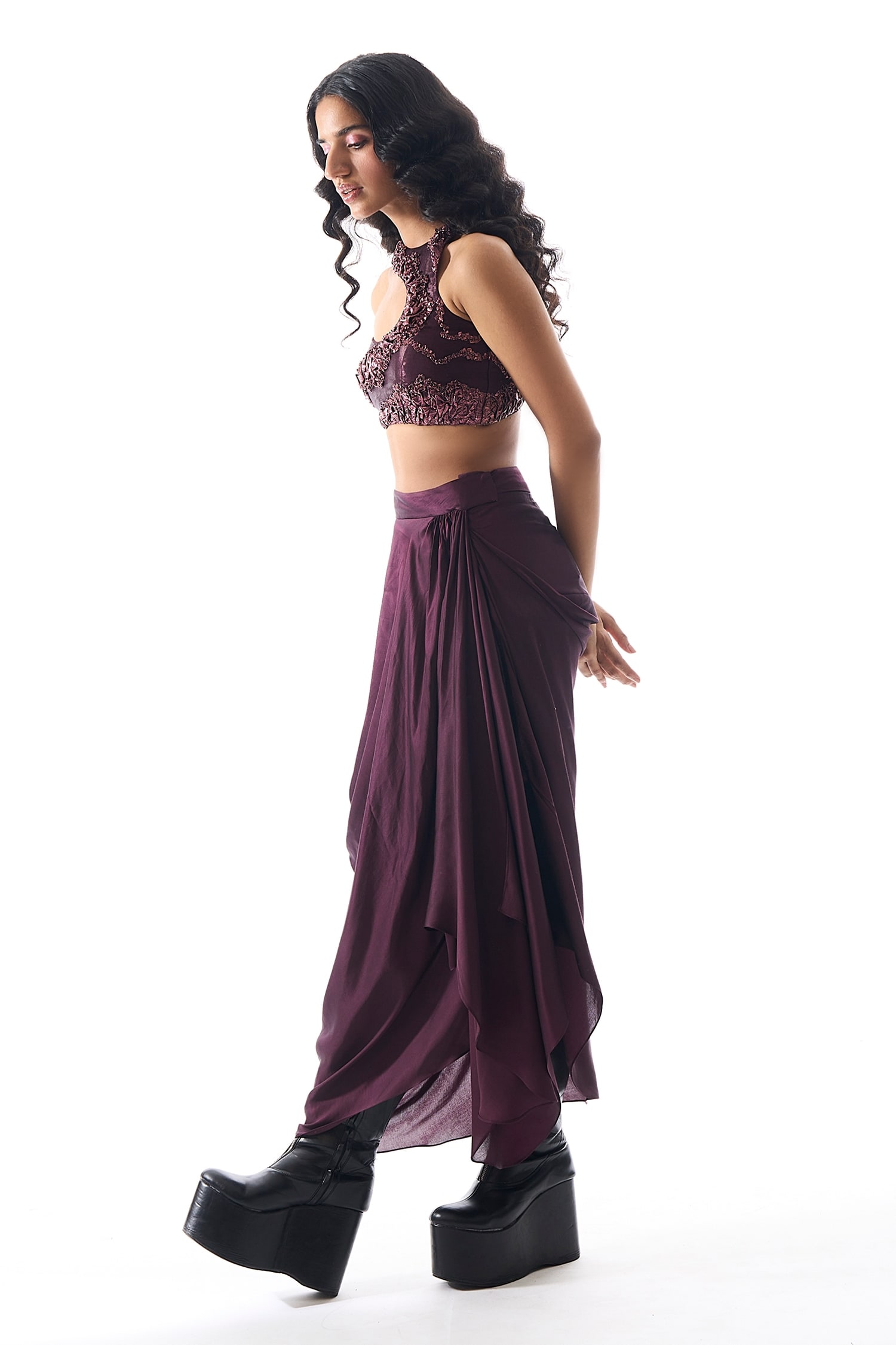 Buy Purple Modal Satin Plain Draped Skirt For Women by Aroka