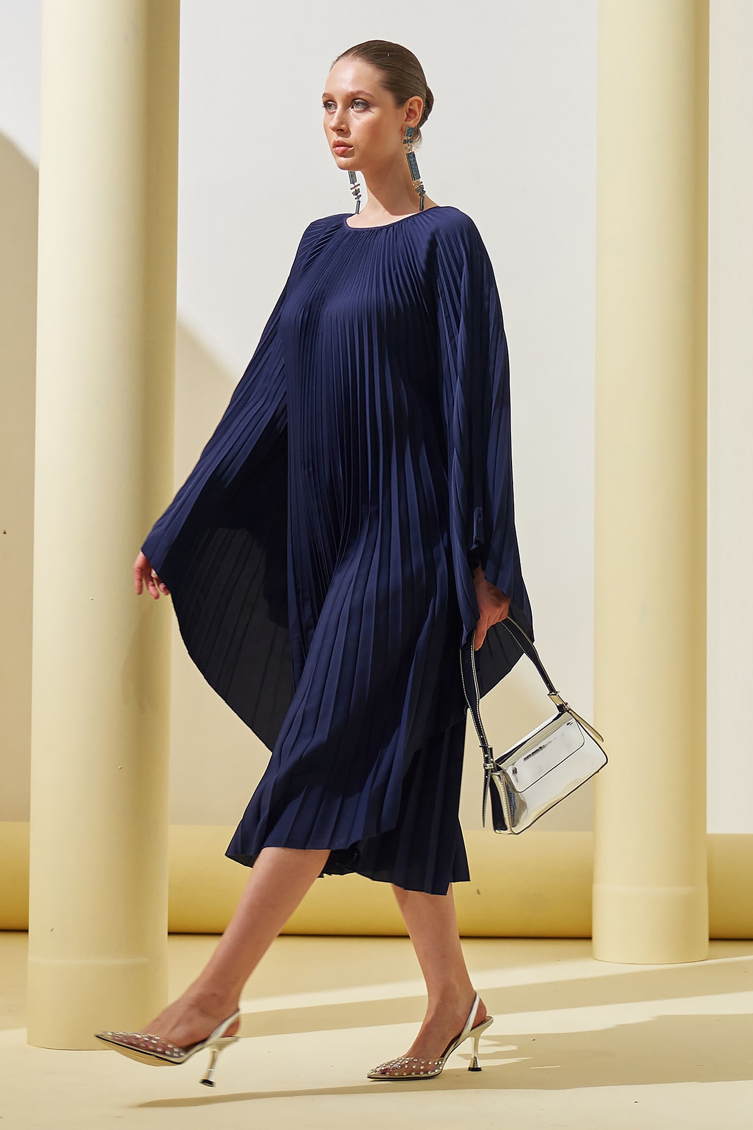 Pleats By Aruni - Blue Crepe Plain Round Asymmetric Pleated Cape Dress For  Women