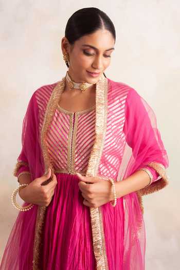 Menaka – Pure Cotton Temple Border Anarkali with Dupatta (Blue & Pink)