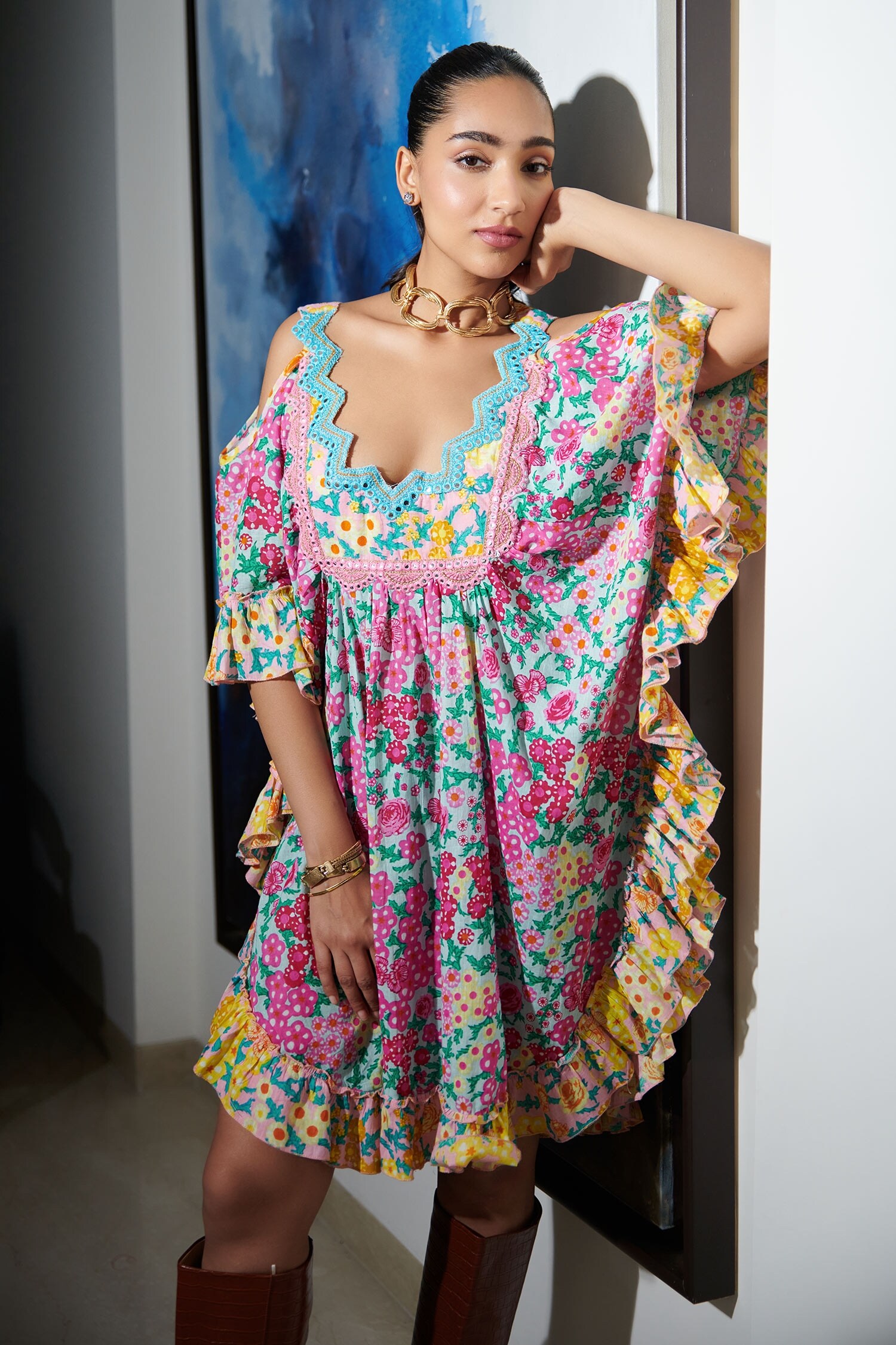 Buy Cin Cin Pink Ugaan Cotton Floral Print Kaftan Online | Aza Fashions