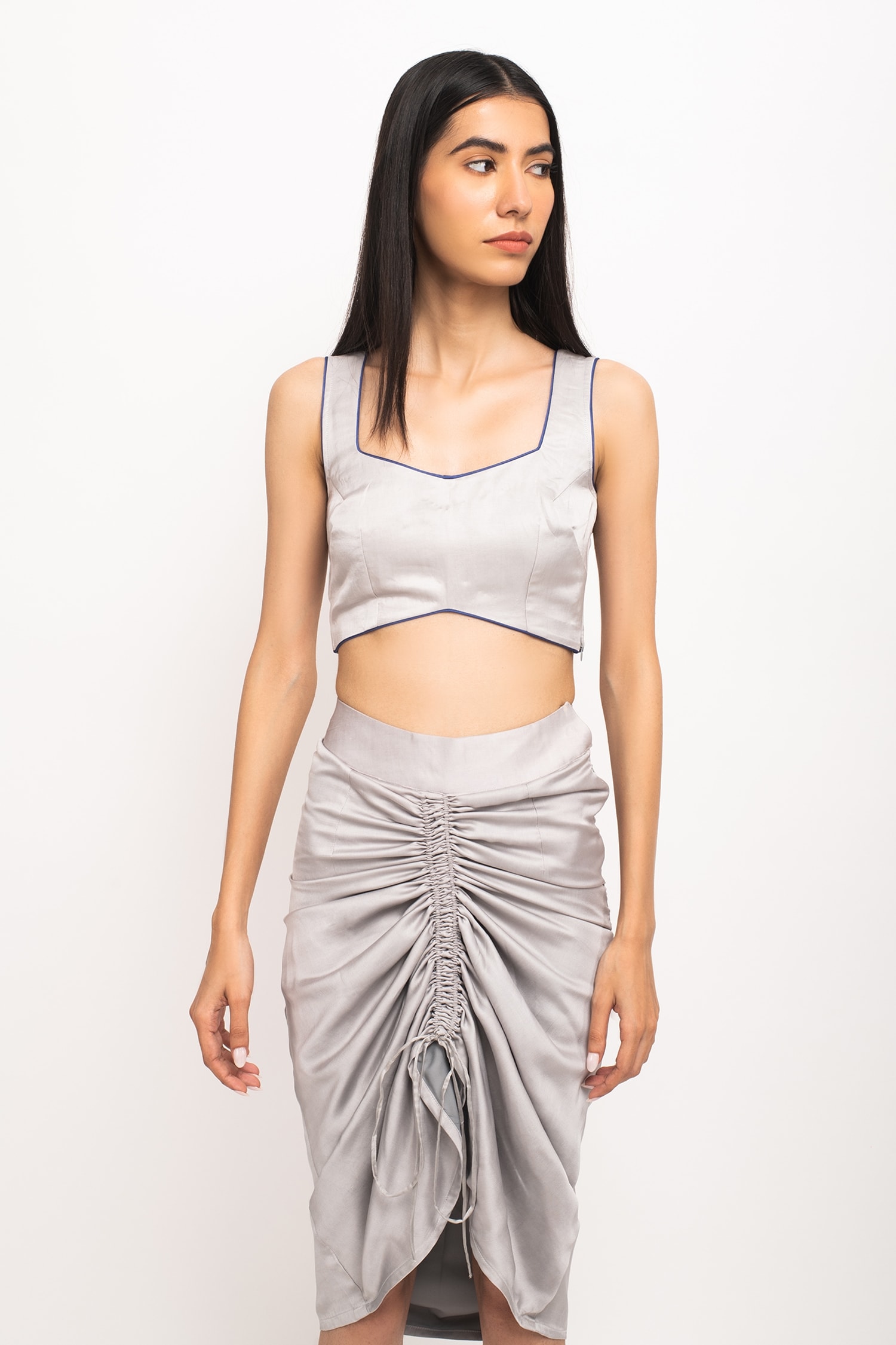 Neora By Nehal Chopra Bustier And Ruched Skirt Set, Grey, Sleeveless,  Bemberg Modal Silk, Square, Sleeveless