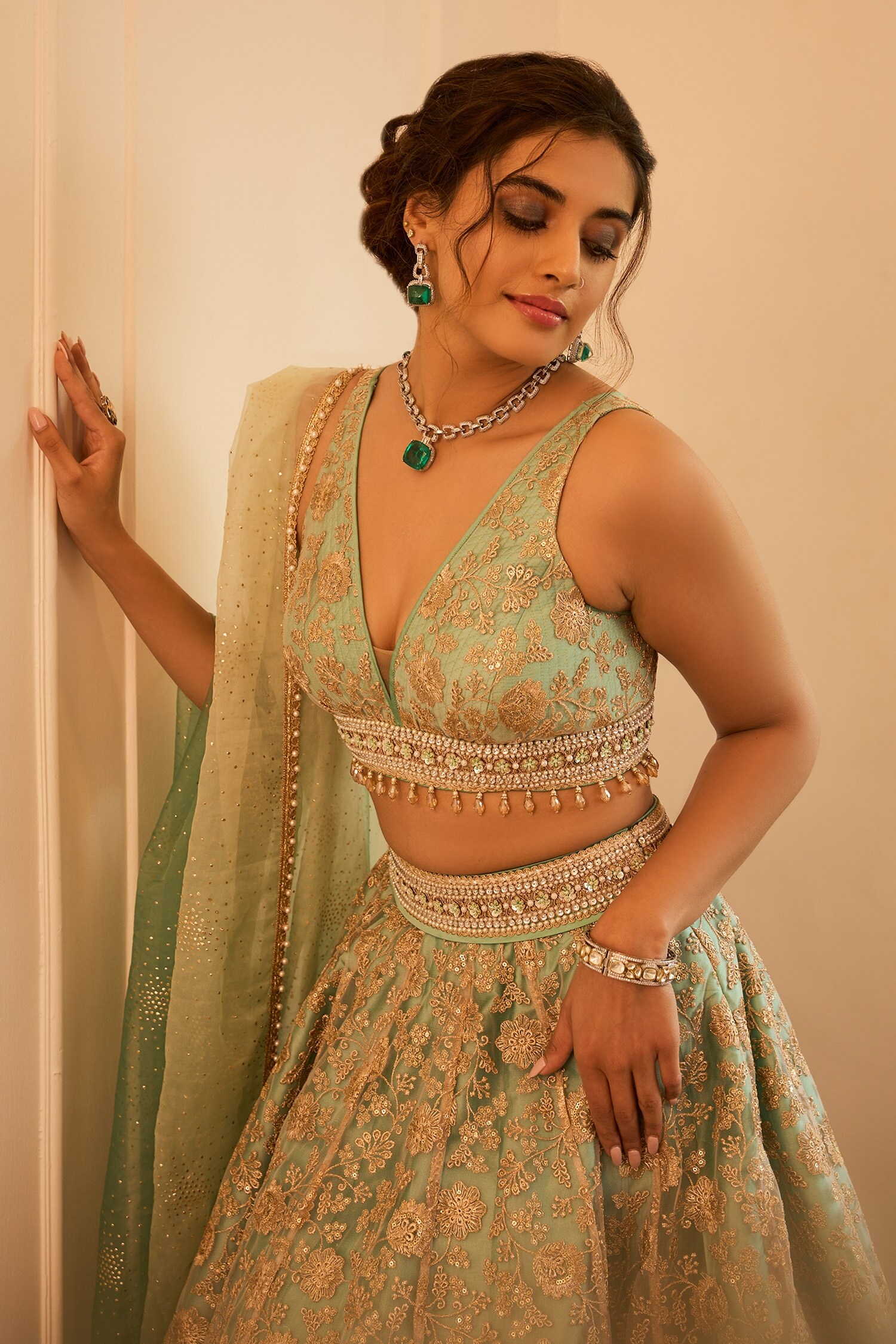 Pastel Green Net Lehenga with Heavy Embroidered Work – Ethnos