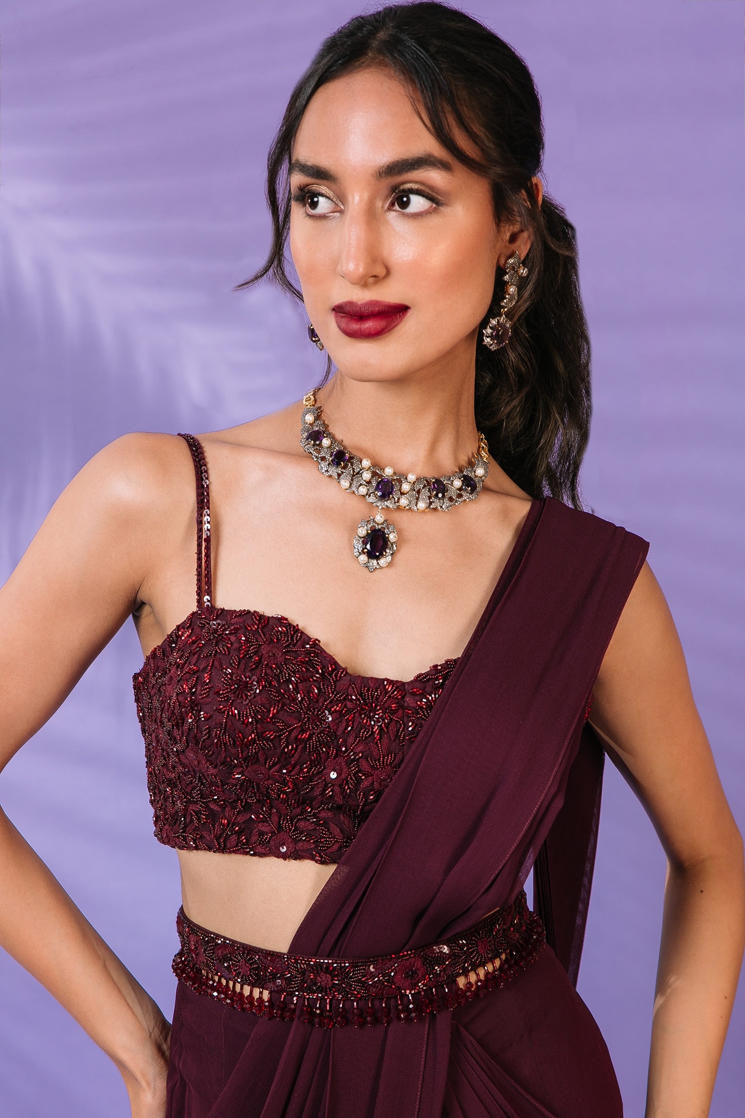 Buy Maroon Saree Georgette Embroidered Pleated Pre-draped Set With Belt For  Women by Pritika Vora Online at Aza Fashions.
