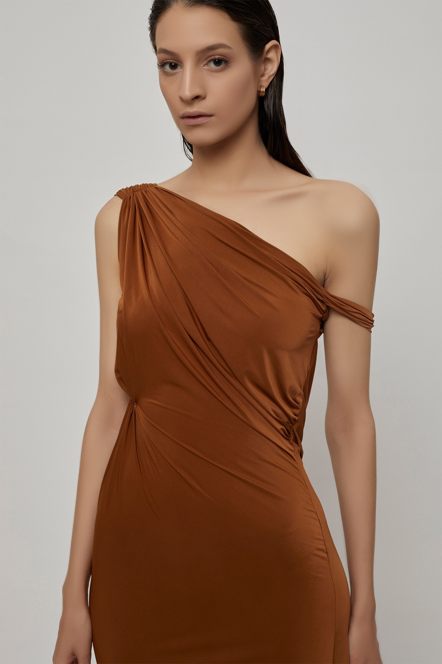 Buy Brown Malai Lycra One Shoulder Backless Dress For Women by Deme by  Gabriella Online at Aza Fashions.