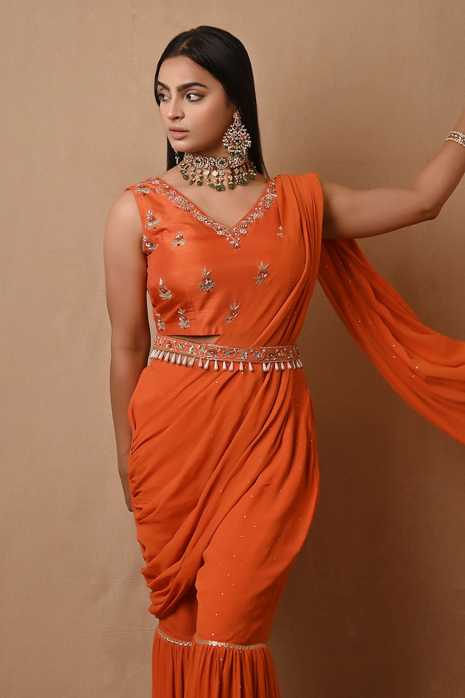 Aurica Women's Georgette Pleating Saree With Blouse Piece (Orange) –  KurtaKart ™