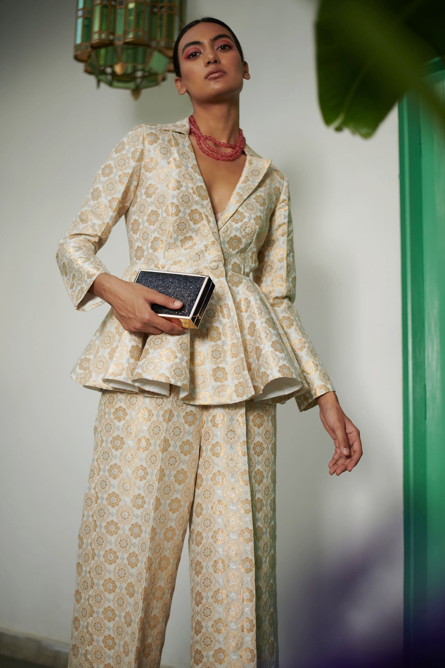 Brocade Silk Peplum and Wide Leg Pants Suit