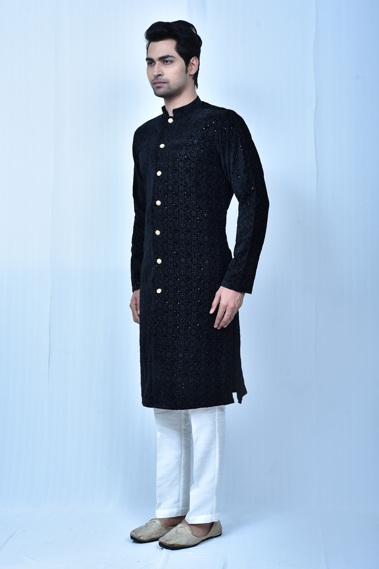 Buy Black Kurta Velvet Embroidered Chikankari Thread And Sequin Work Set  For Men by Samyukta Singhania Online at Aza Fashions.