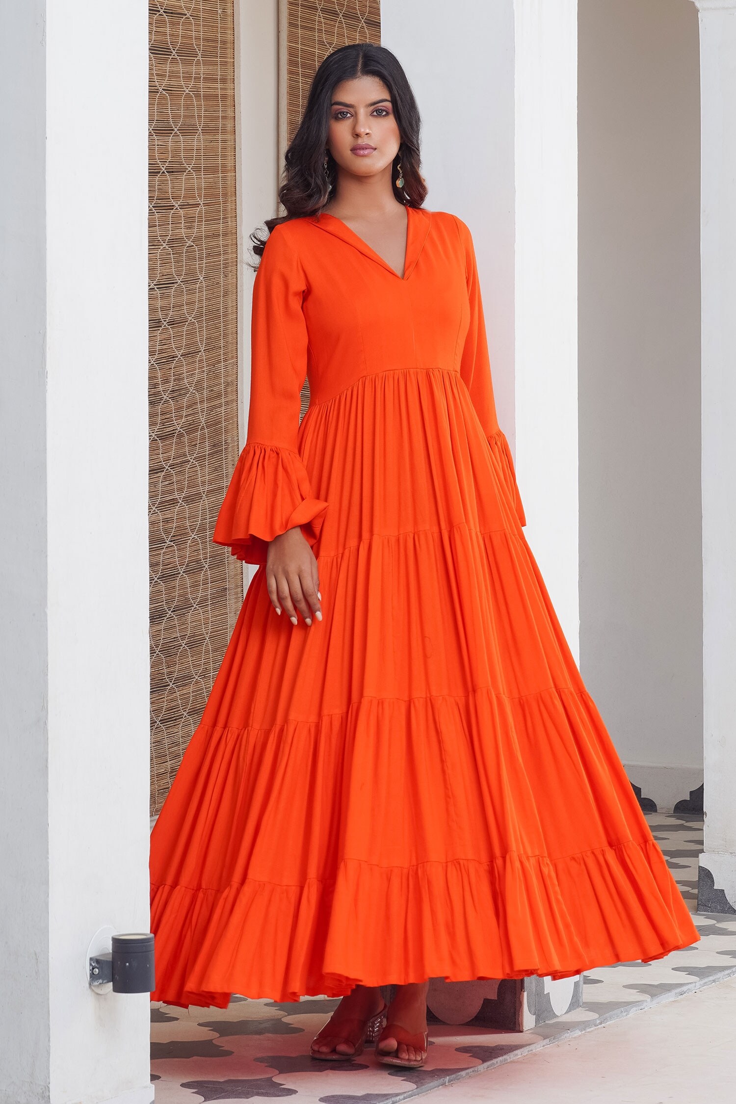 Orange Cotton Gown With Jacket 249598