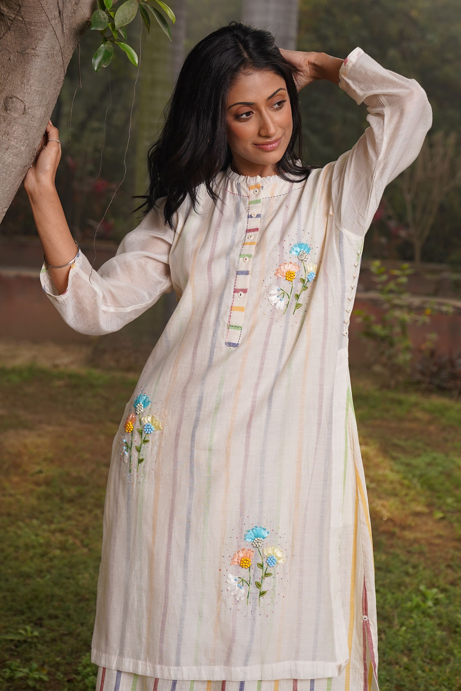 Buy Off White Handwoven Cotton Silk Hand Embroidered Kantha Ruffle Dress  For Women by Dhaari Online at Aza Fashions.