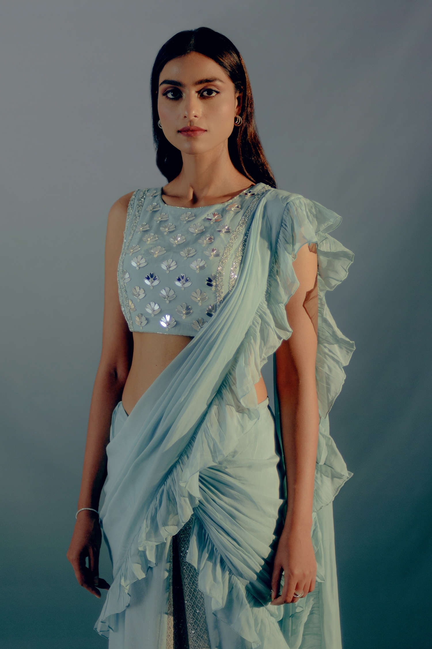 Buy Sky Blue Saree Organza Ruffled Pre Draped With Embellished