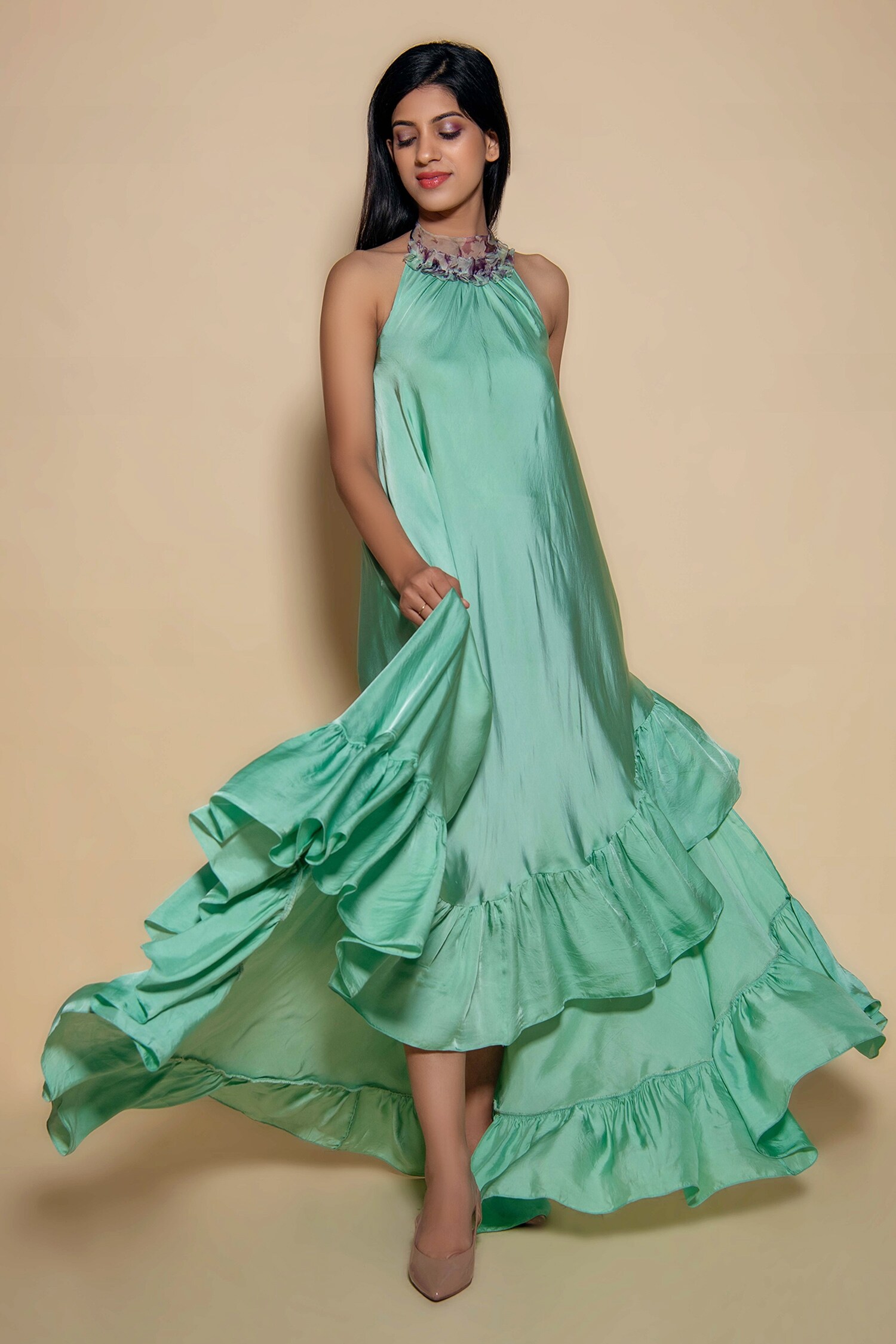 Buy Green Soft Satin Halter Neck Dress For Women by Ranng Label Online at Aza  Fashions.