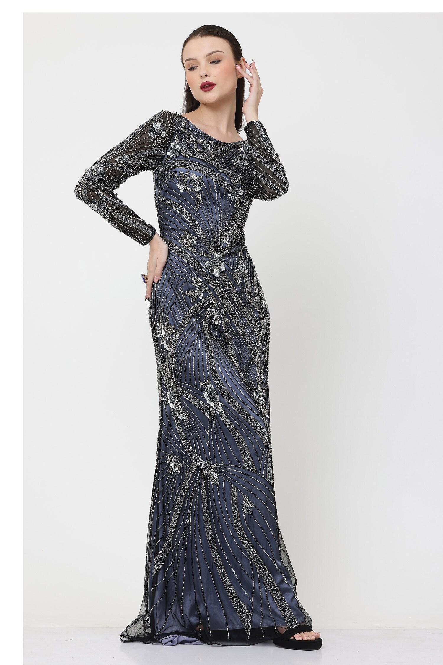 Ambrosia - Blue 100% Nylon Mesh Hand Embroidered Floral And & Sequin Work  Gown For Women