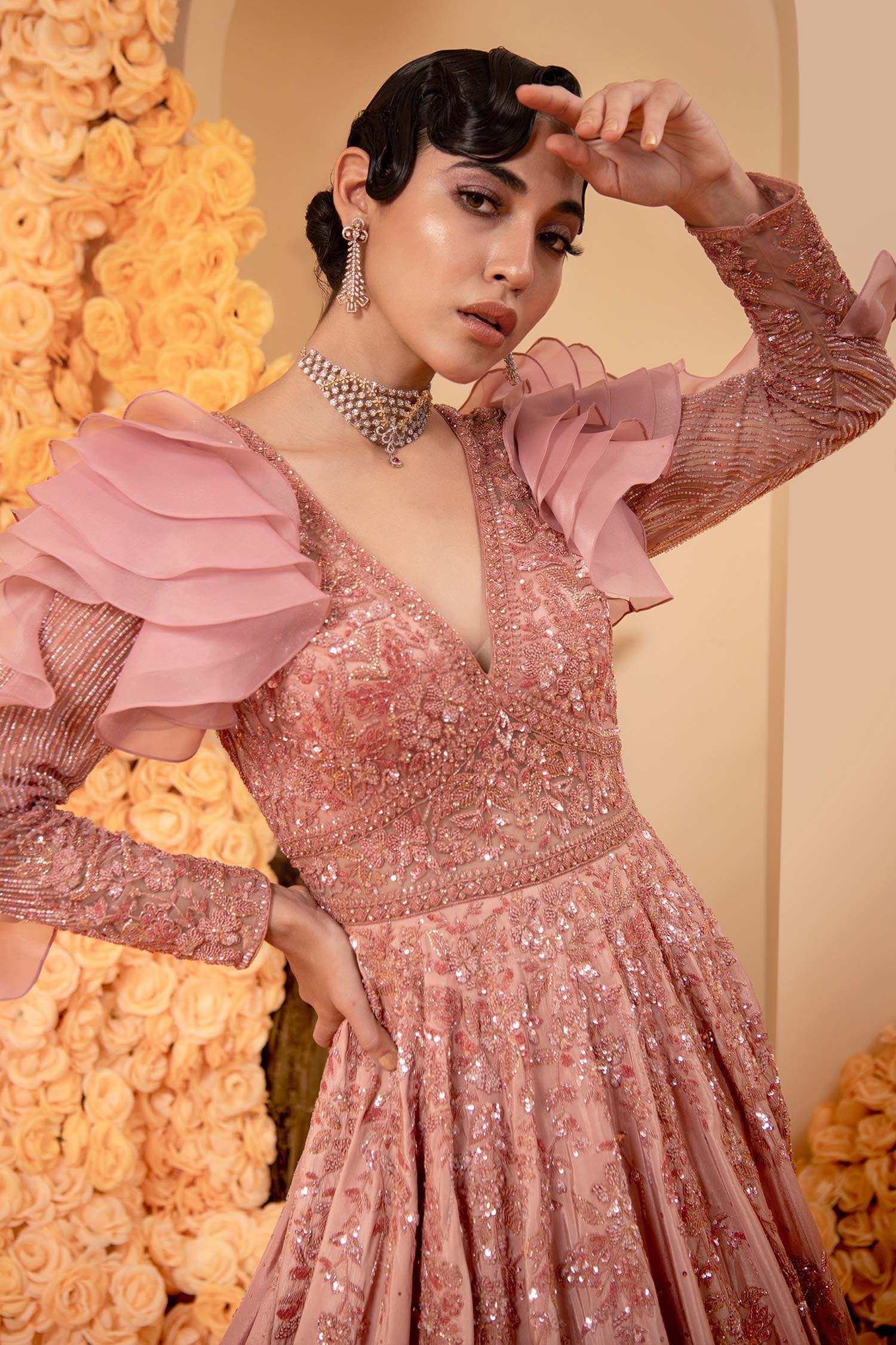 Buy Pink Bodice Net Embroidery Sequins Plunge V Floral Full Sleeve Gown For  Women by Adi By Aditya Khandelwl Online at Aza Fashions.