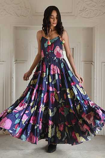 Buy Taro Blue Mulmul Floral Print Maxi Dress Online | Aza Fashions
