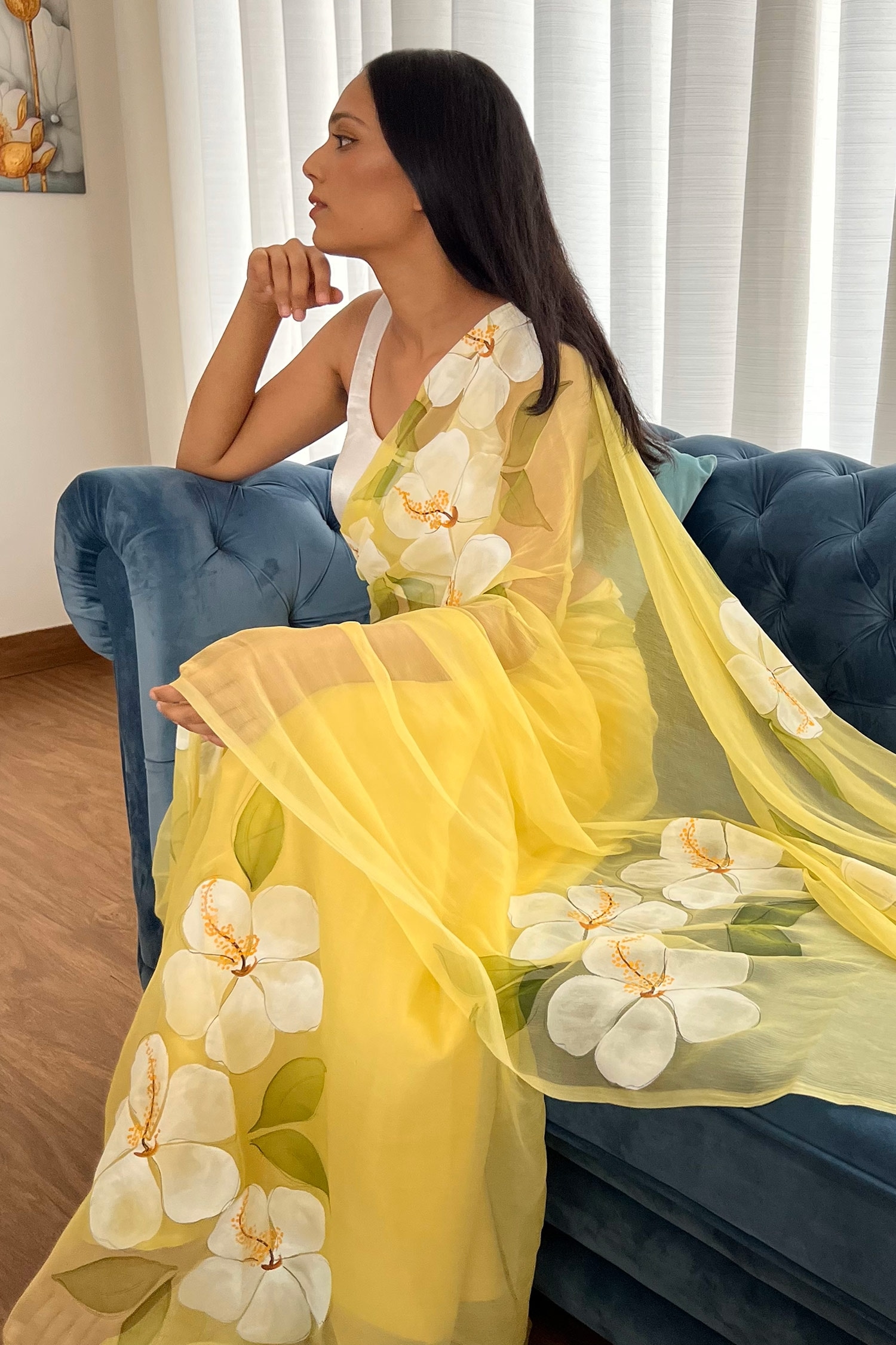 Yellow Handpainted Organza Silk Saree | Organza silk saree, Saree painting  designs, Saree designs