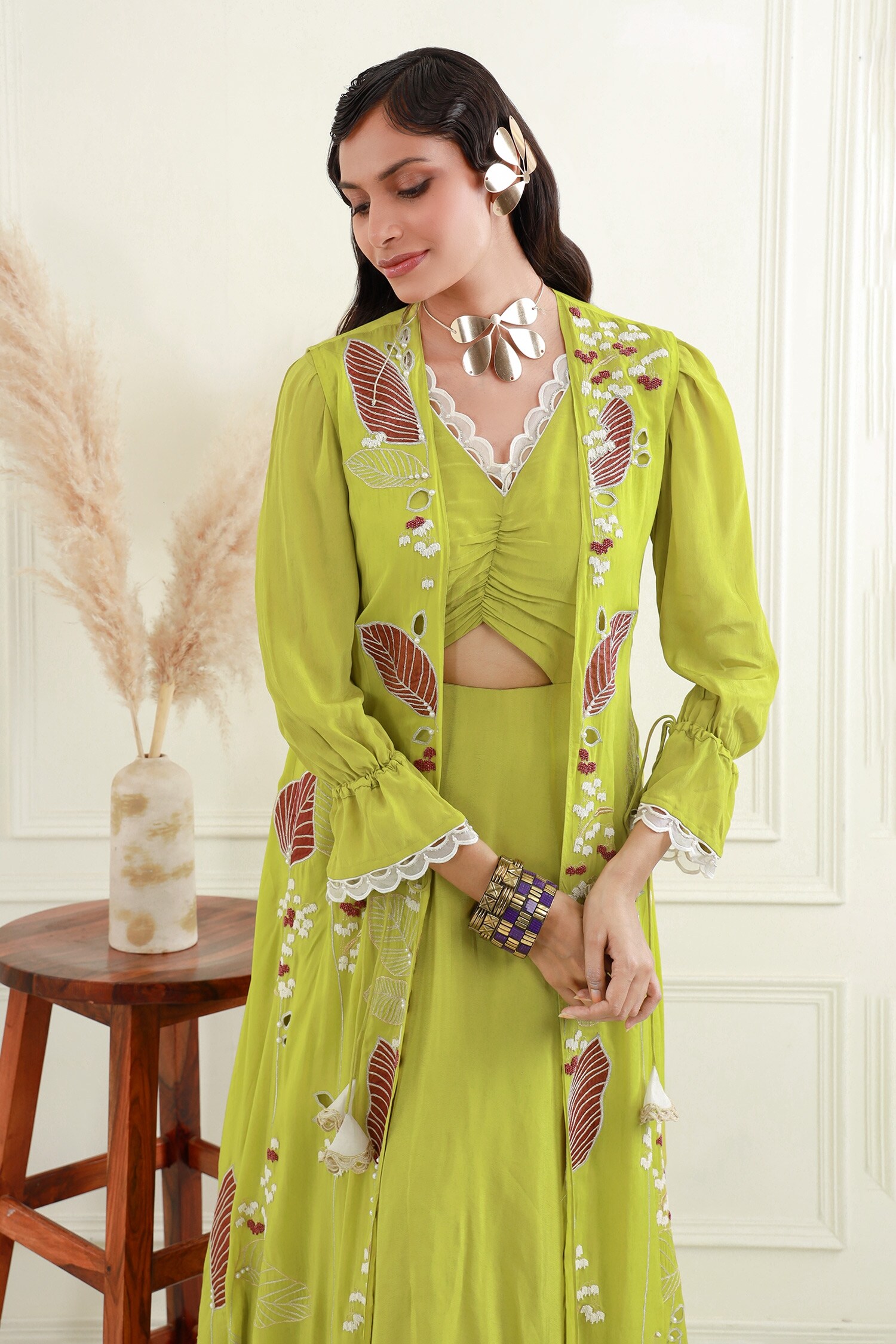 Ek Soot - Green Silk And Crepe Embroidery Sleeveless Jacket & Layered Dress  Set For Women