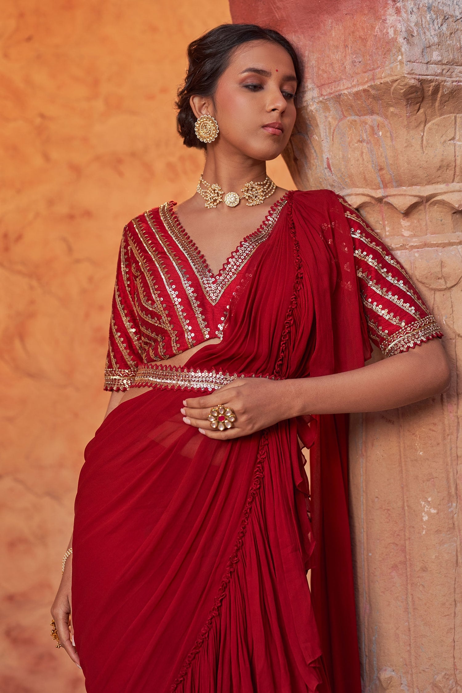 Buy Red Silk Embroidery Sequins V Lok Rang Pre-draped Ruffle Saree