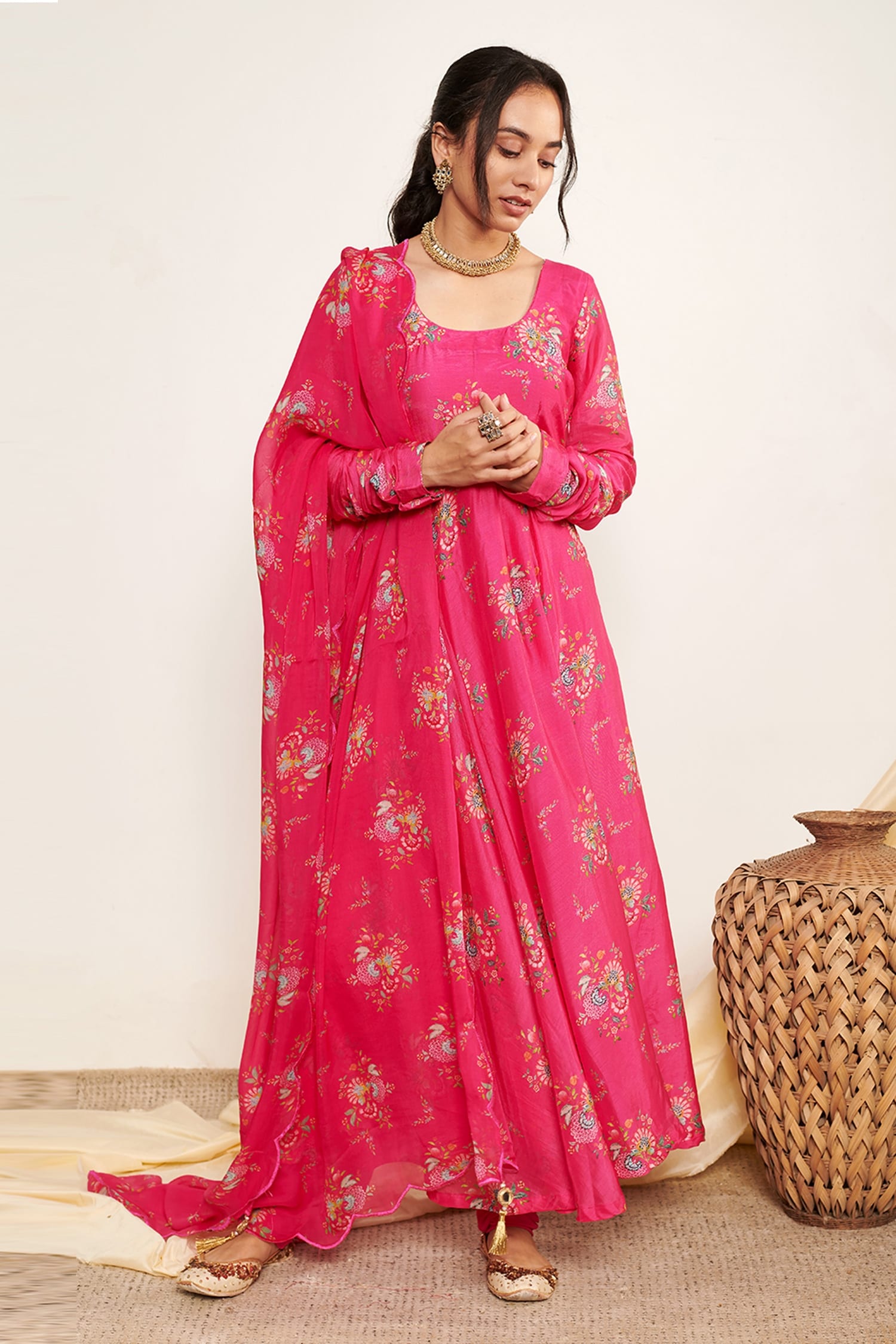 Buy Likha by Nykaa Fashion Pink Floral Printed Anarkali and Dupatta Set (S), Stylish Cotton Fabric Suit, Round Neck and Sleeveless
