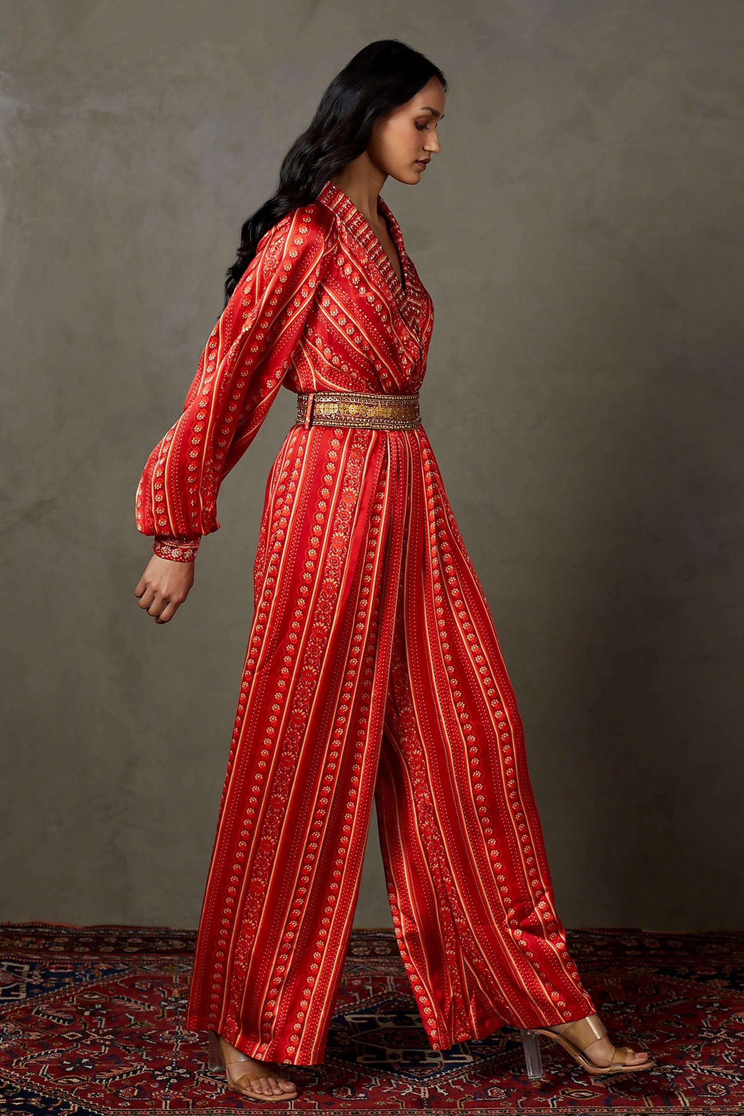 RI.Ritu Kumar - Red Viscose Printed Zardozi Shawl Kylie Floral Embroidered  Jumpsuit For Women