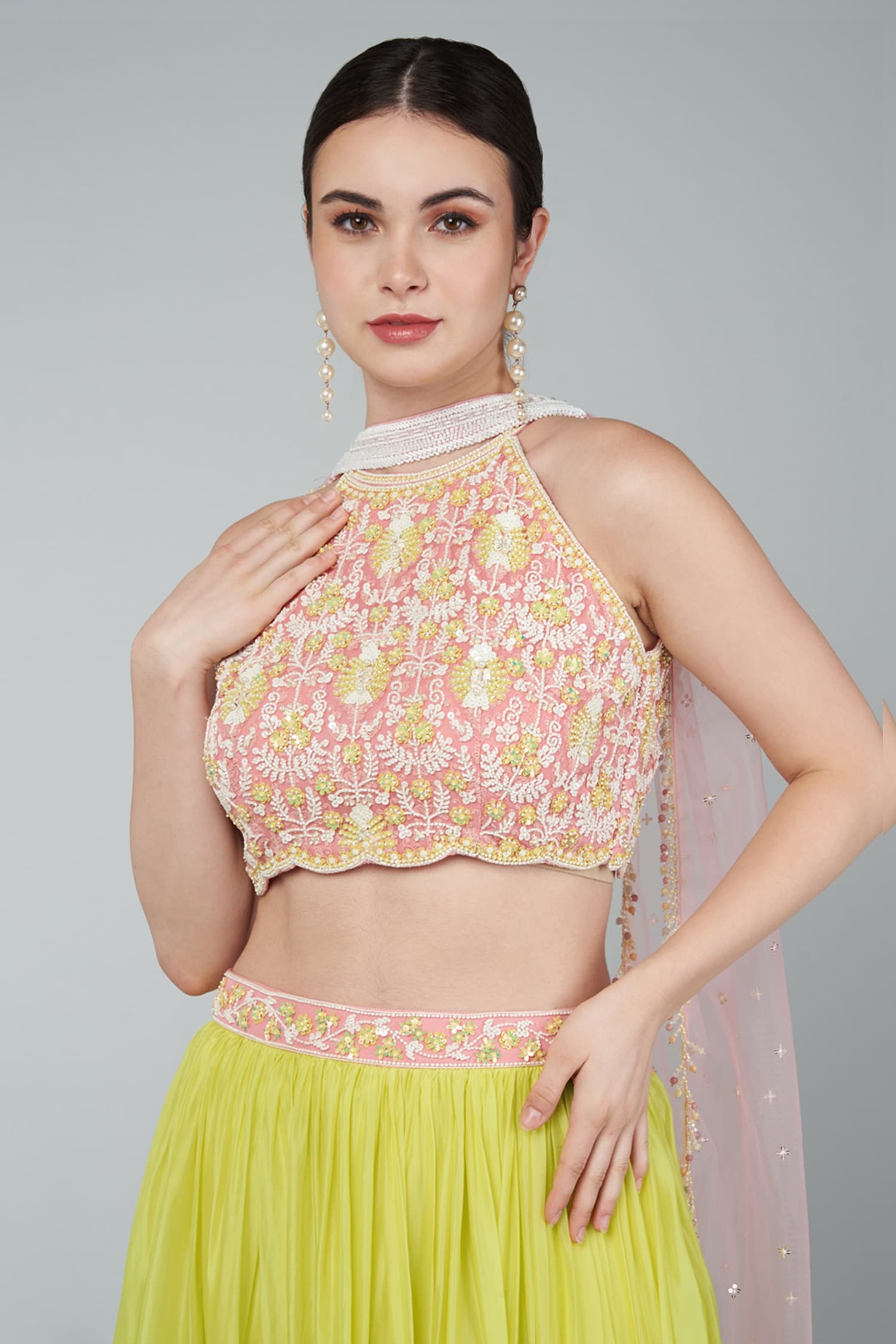 Pastel blue embroidered cape sleeves crop top with lehenga skirt available  only at Pernia's Pop Up Shop. 2024