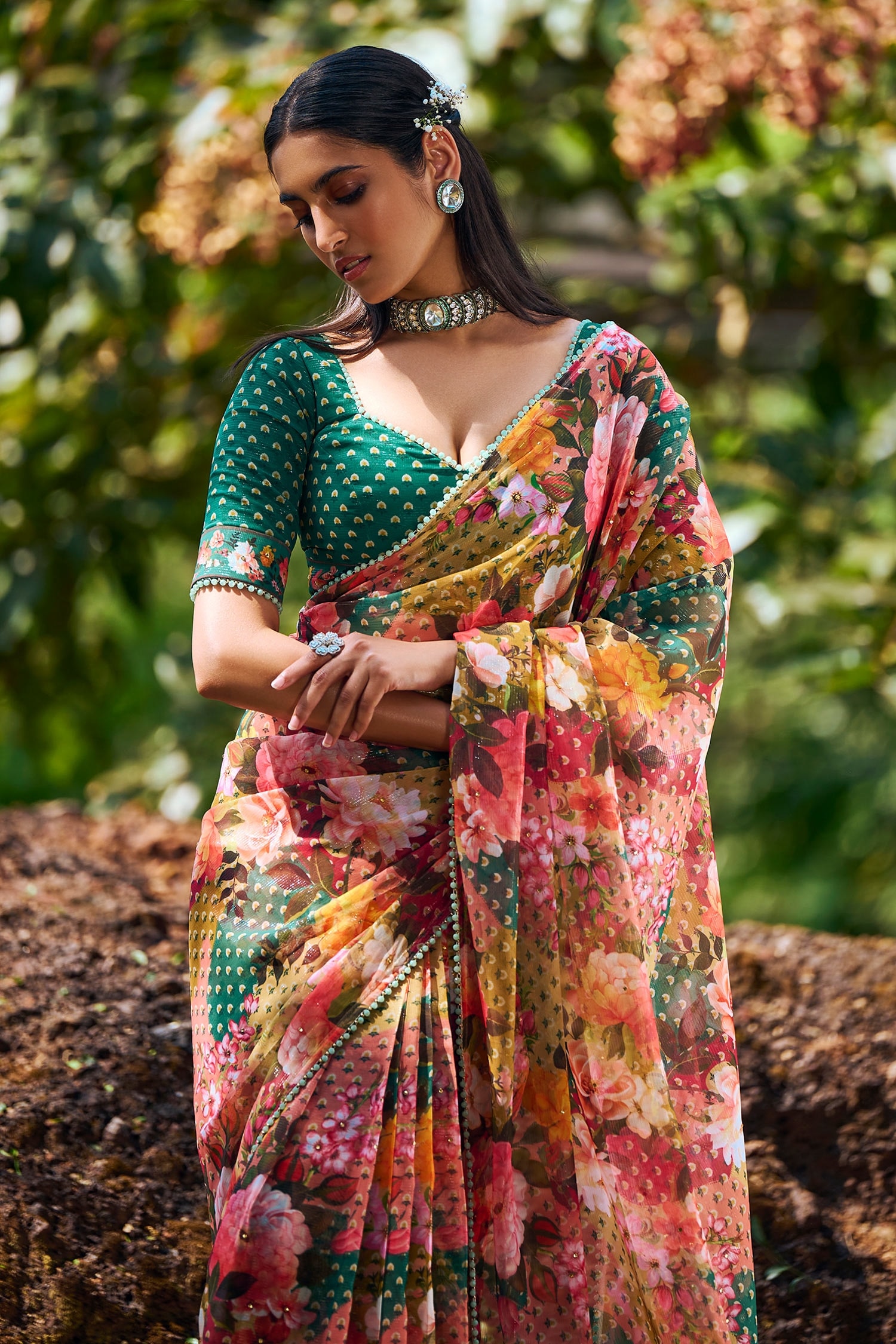 Green Floral Khadi Organza Saree With Arco Border | Saavi