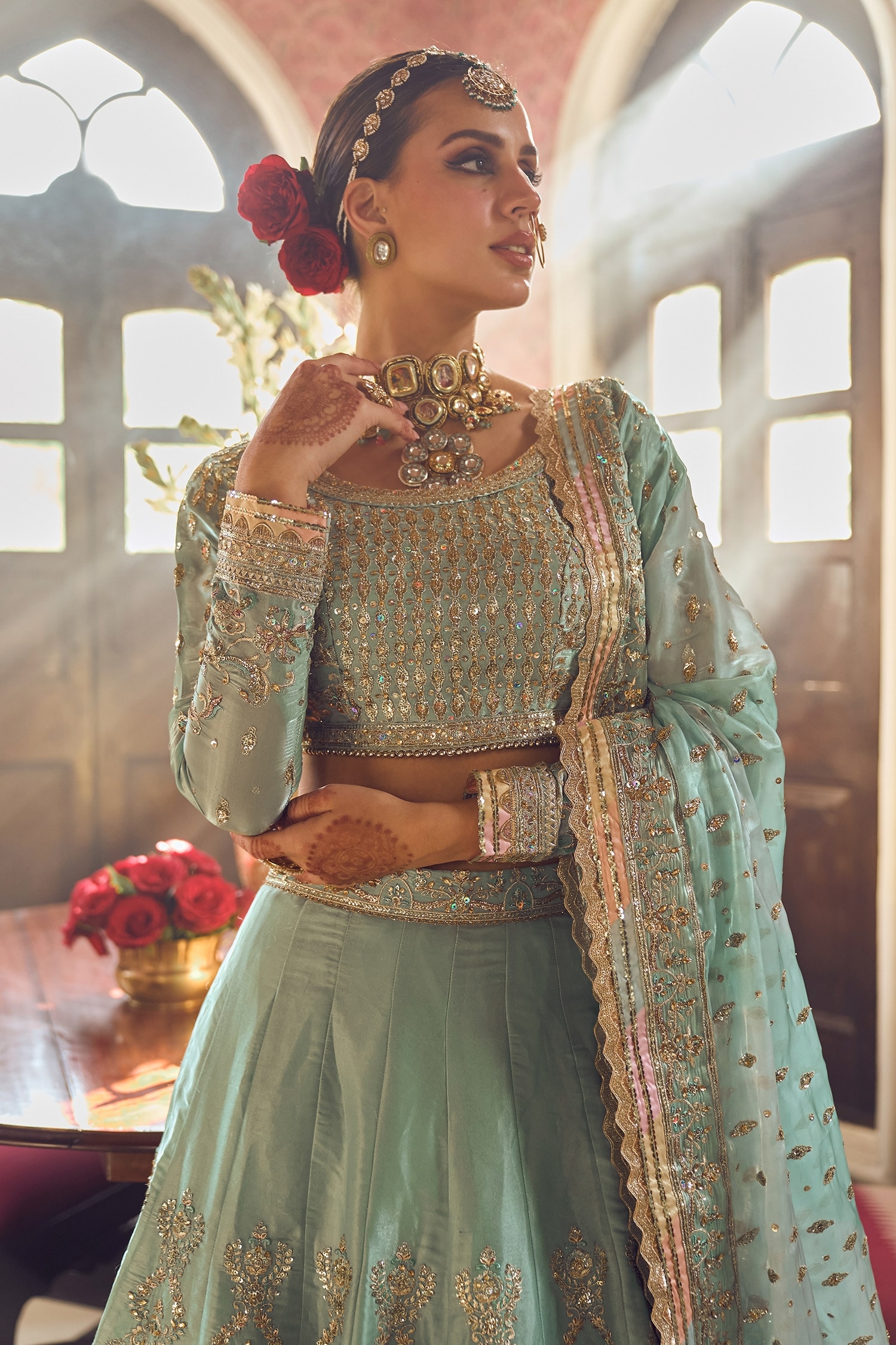 Beautiful pista green color lehenga and blouse with pink color dupatta.  Lehenga and blouse with floral design… | Party wear lehenga, Lehnga  designs, Indian dresses