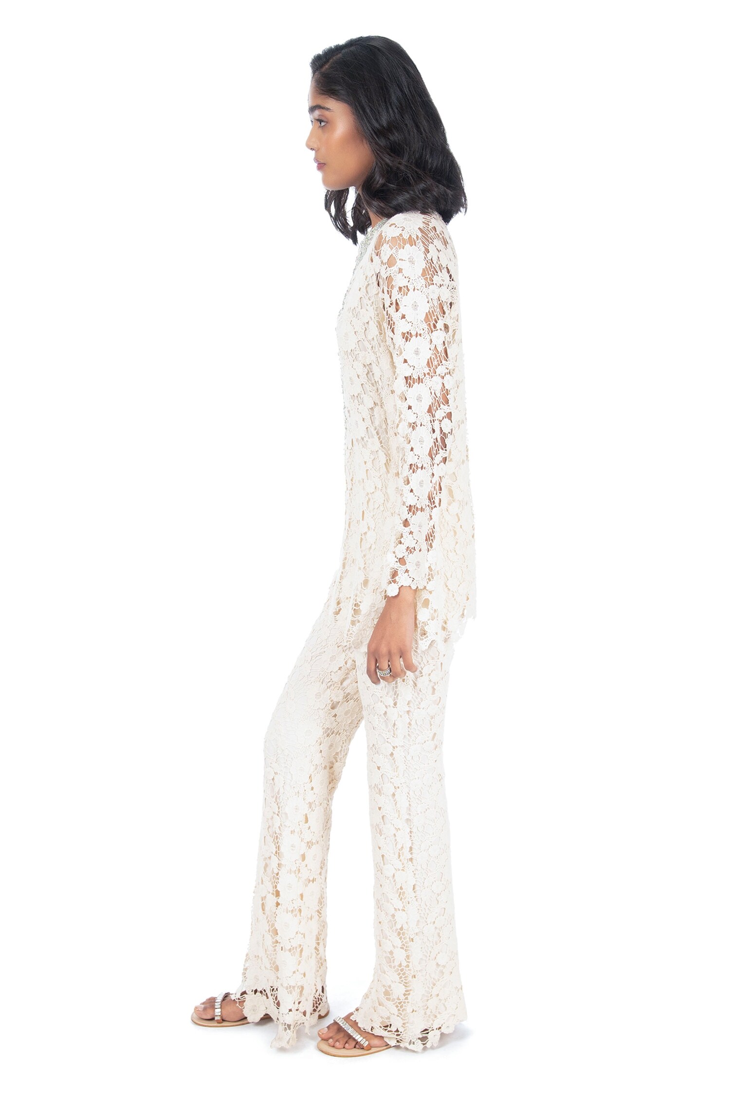 Buy Ivory Lace Embroidered Floral Pattern Notched Tunic And Pant